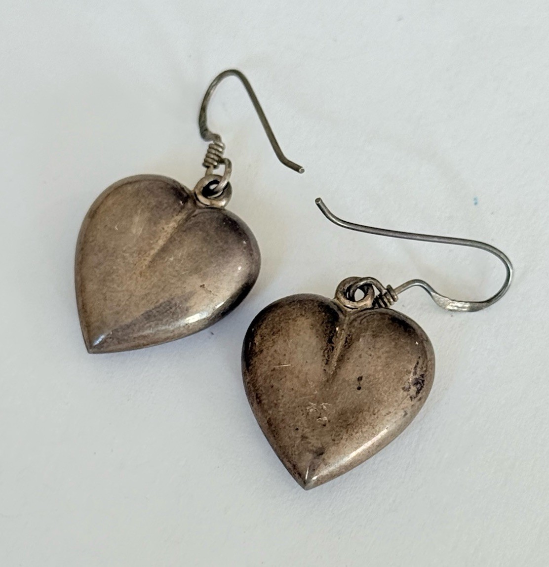 Vintage Sterling Silver 925 Puffy Heart Drop Dangle Hook Earrings