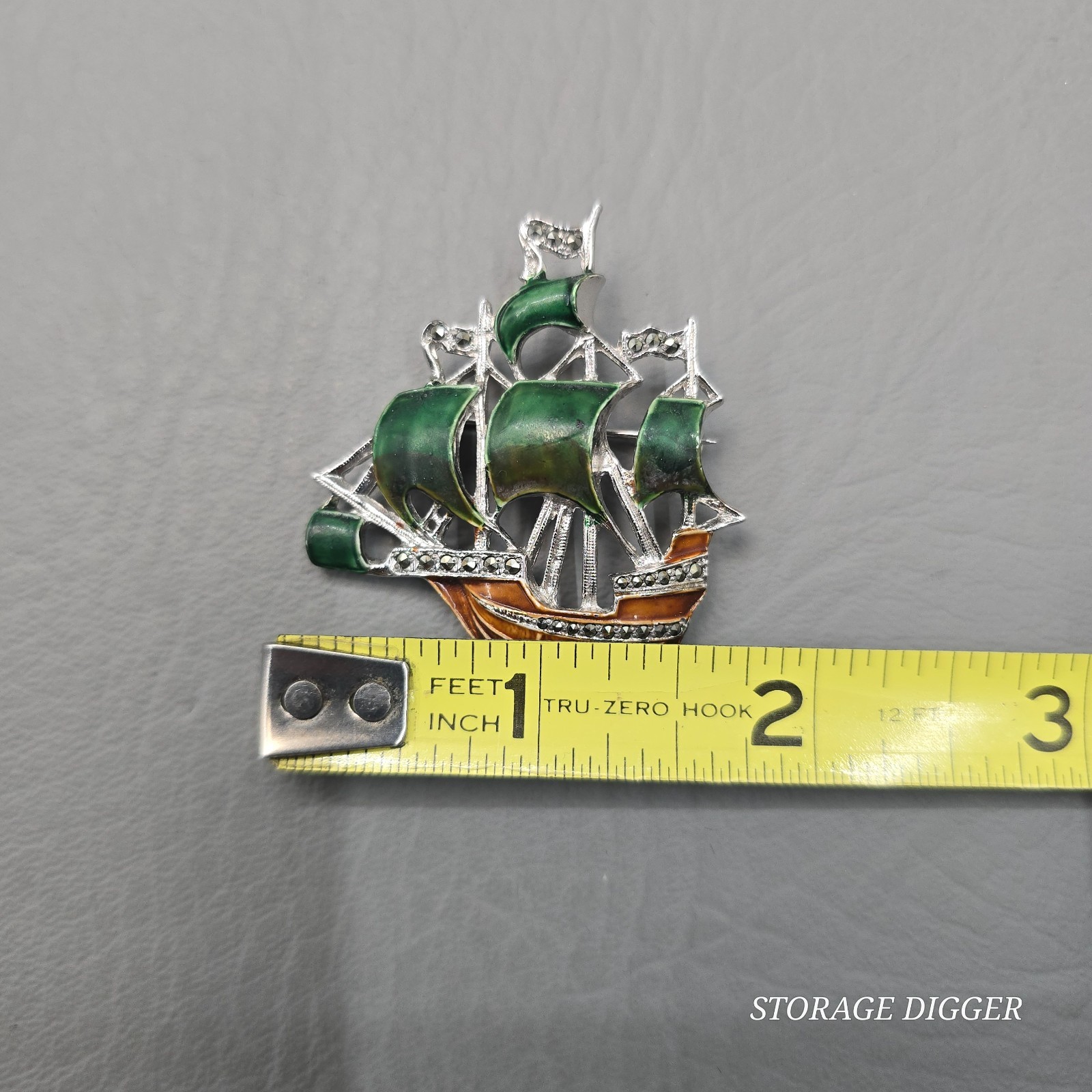 Vintage German Enamel Metal & Marcasite Galleon Ship Brooch Pin 1.75″ Long