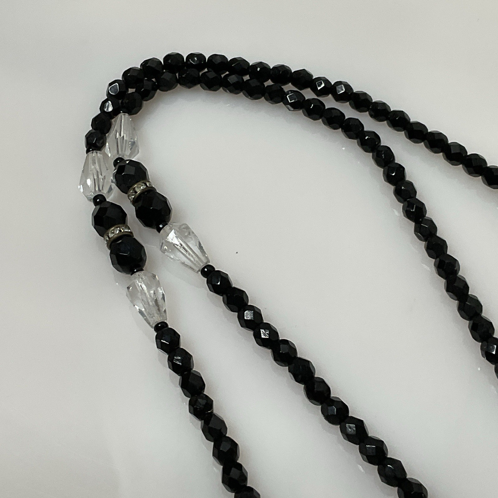 Vintage Art Deco Black Clear Glass Necklace Faceted Bead 26” Crystal Accent