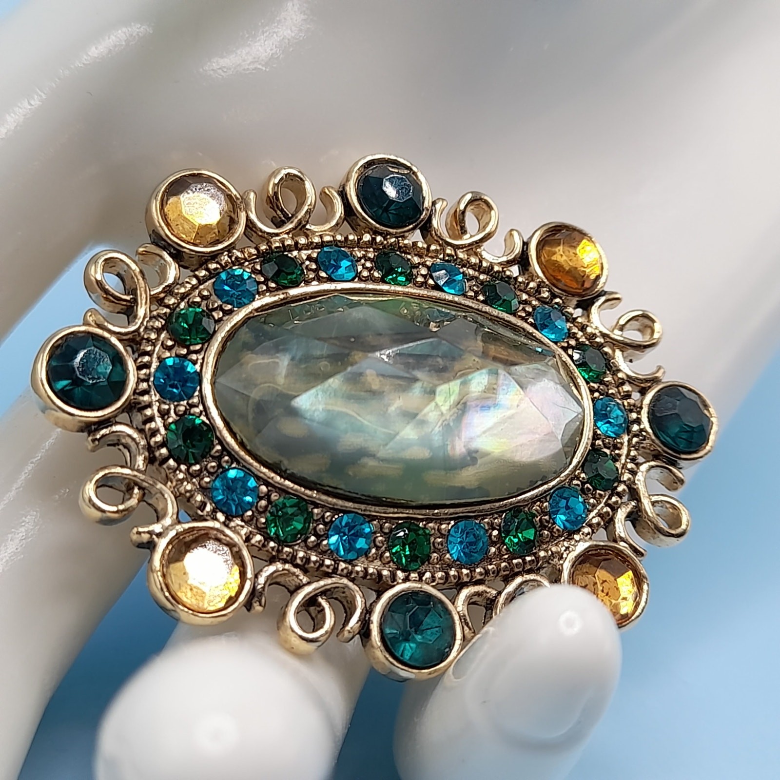 Vintage Monet Brooch, Light Green Teal Blue Accents, 1990s, 2 Inches
