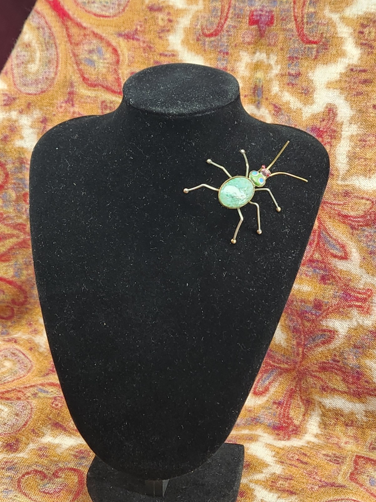 Wonderful Antique Bug Pin With Blue Glass Body And Tiny Purple and Red Head/Eyes