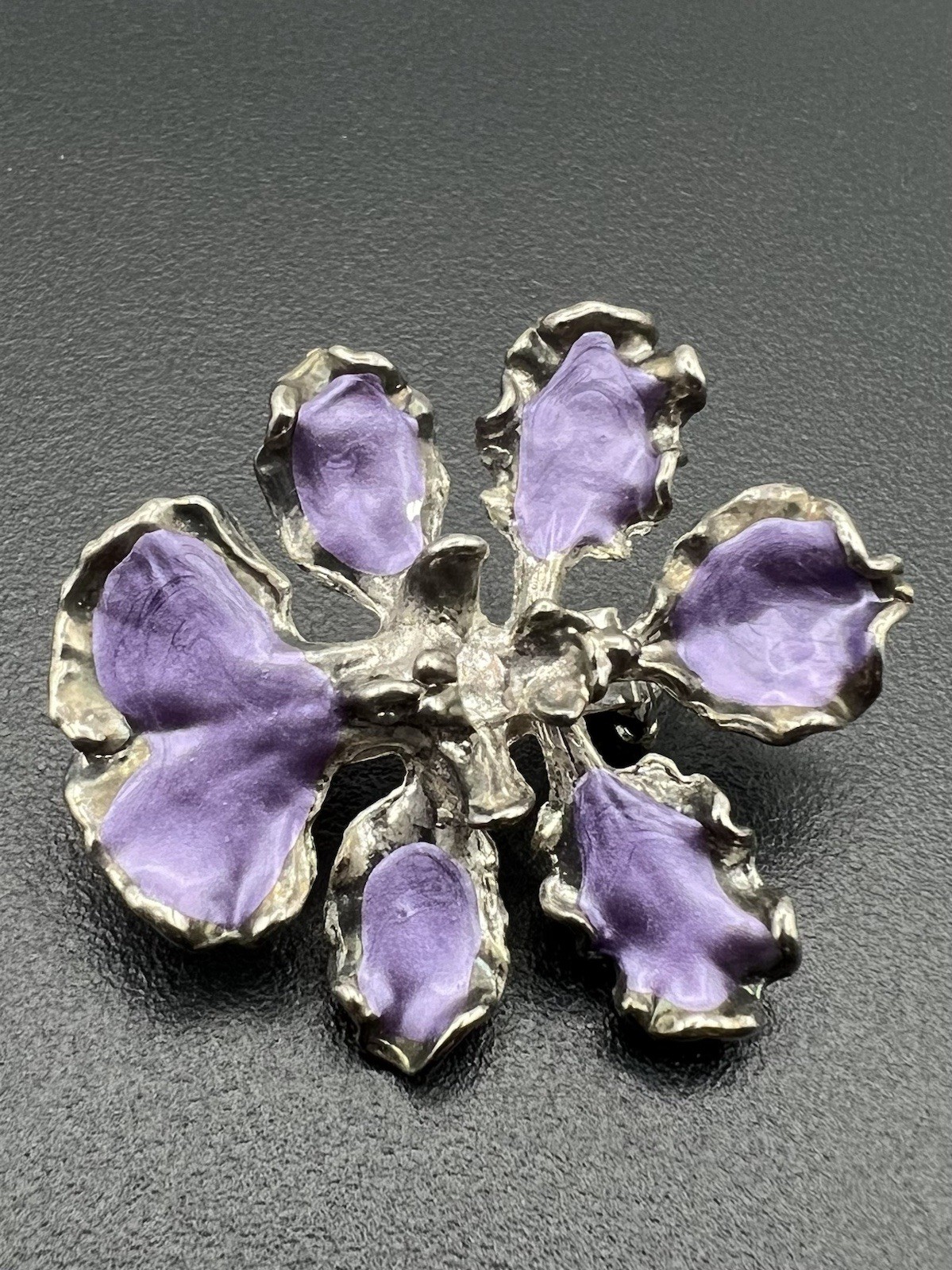 Vtg Purple Violet Iris Or Orchid Flower Enamel Convertible Brooch Pendant Pin