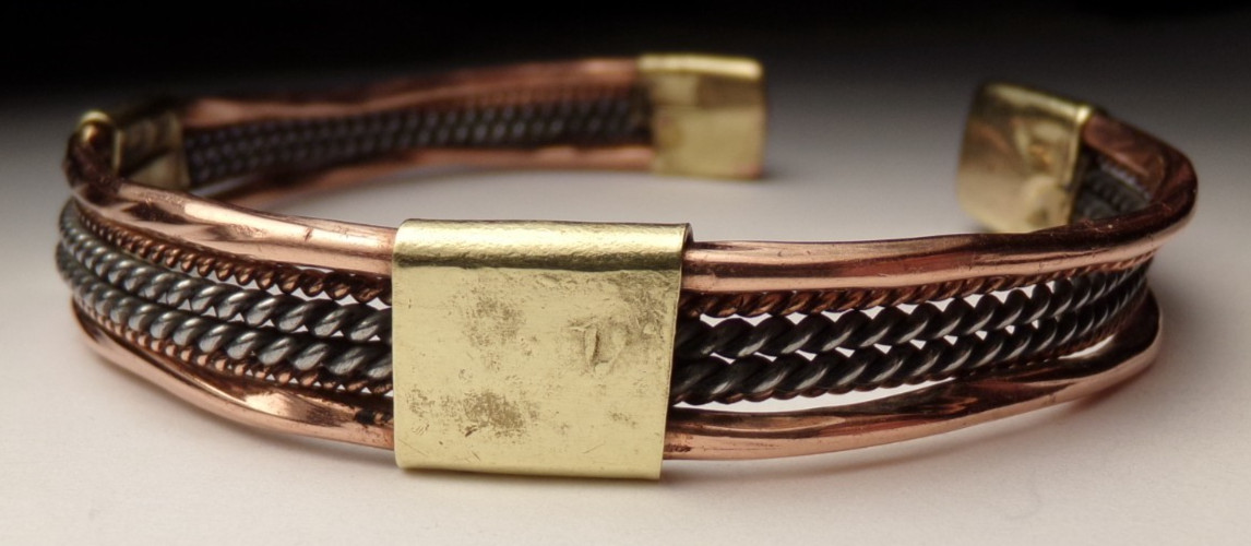 VTG MCM COPPER BRASS STERLING SILVER MIXED METAL ARTIST CRUDE CUFF MENS BRACELET