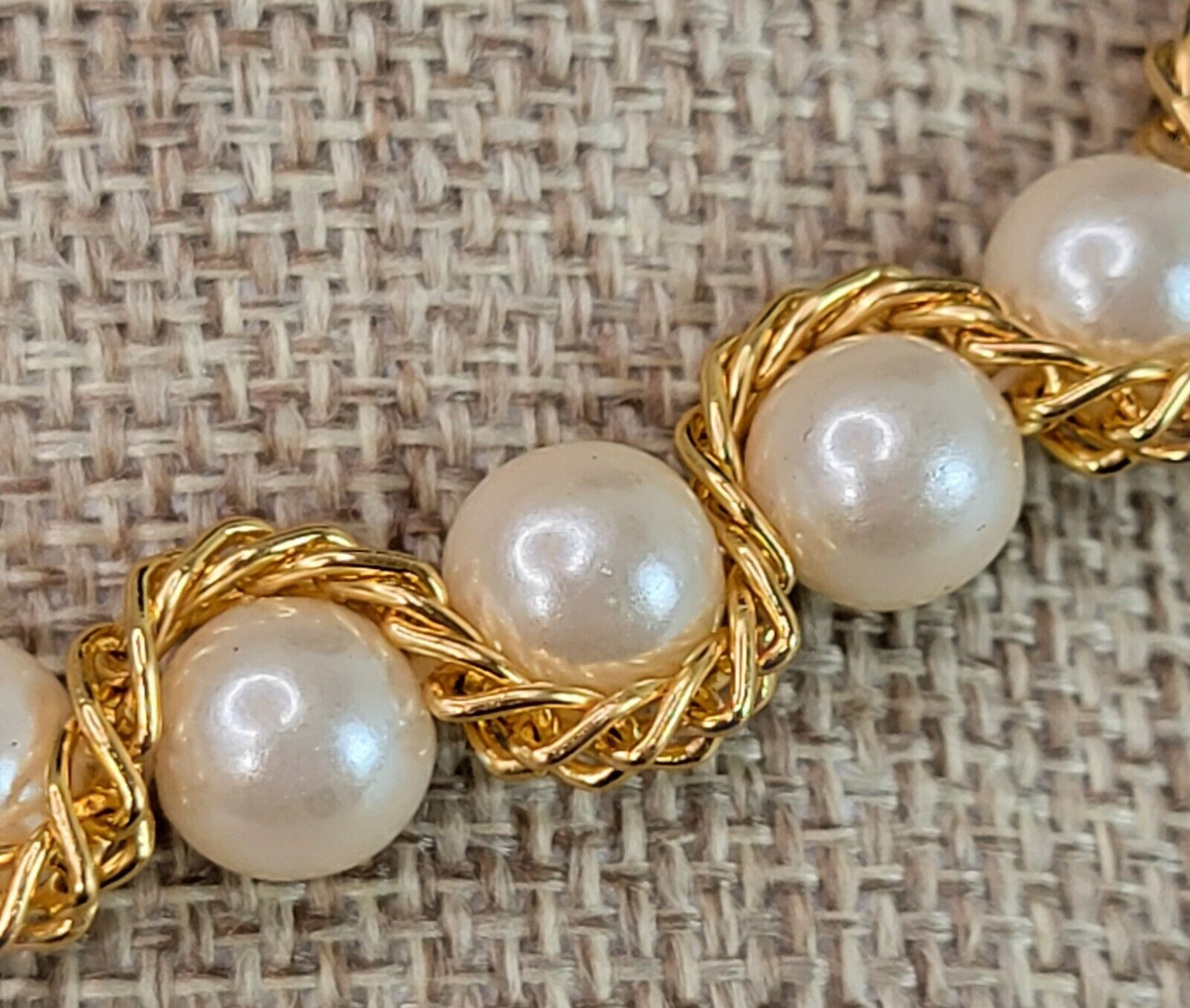 Gold Tone Chain Wrapped Faux-Pearl Necklace 19 Inch Cream Color Hook Clasp