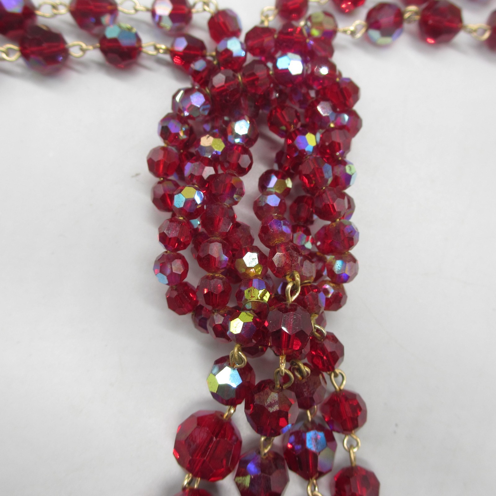 Bergere Necklace Glass AB Bead Red Festoon Tassel Rhinestone ONE MISSING RS 20″