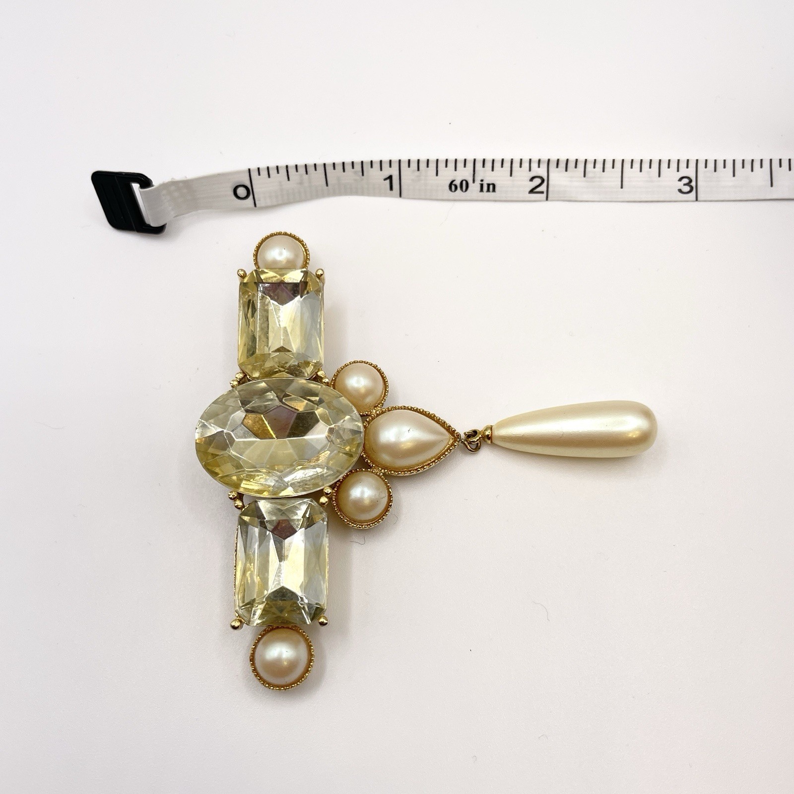 Vintage Richelieu Brooch Gold Faux Pearl & Yellow Glass Crystal Pin 1980s 1990s