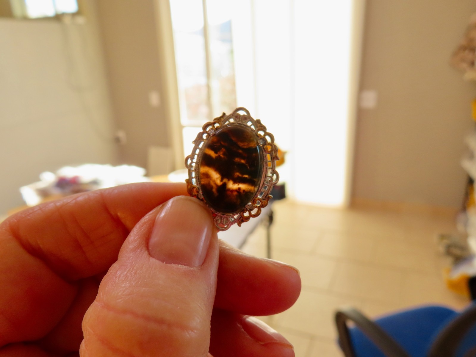 Sterling w/Gold Wash 1930’s Moss Agate Brooch Heirloom Quality