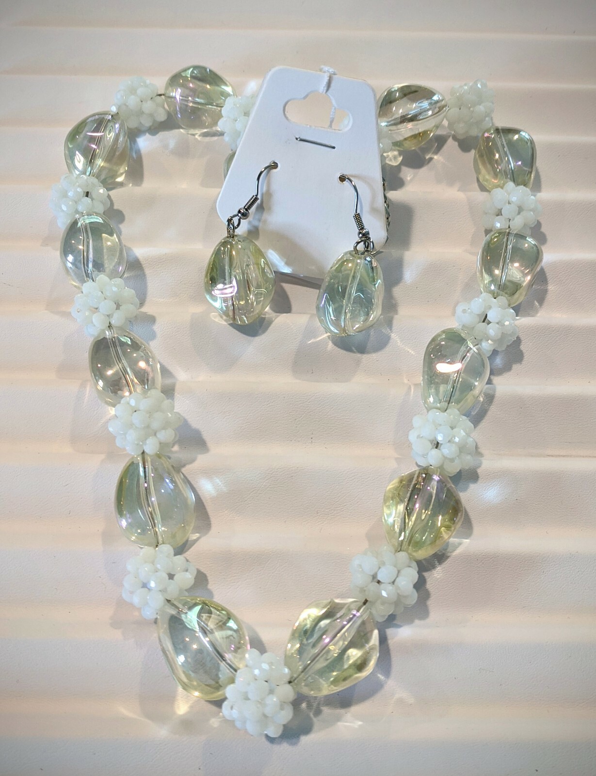 Aurora Borealis Glass & White Bead Glass Necklace & Earrings Set