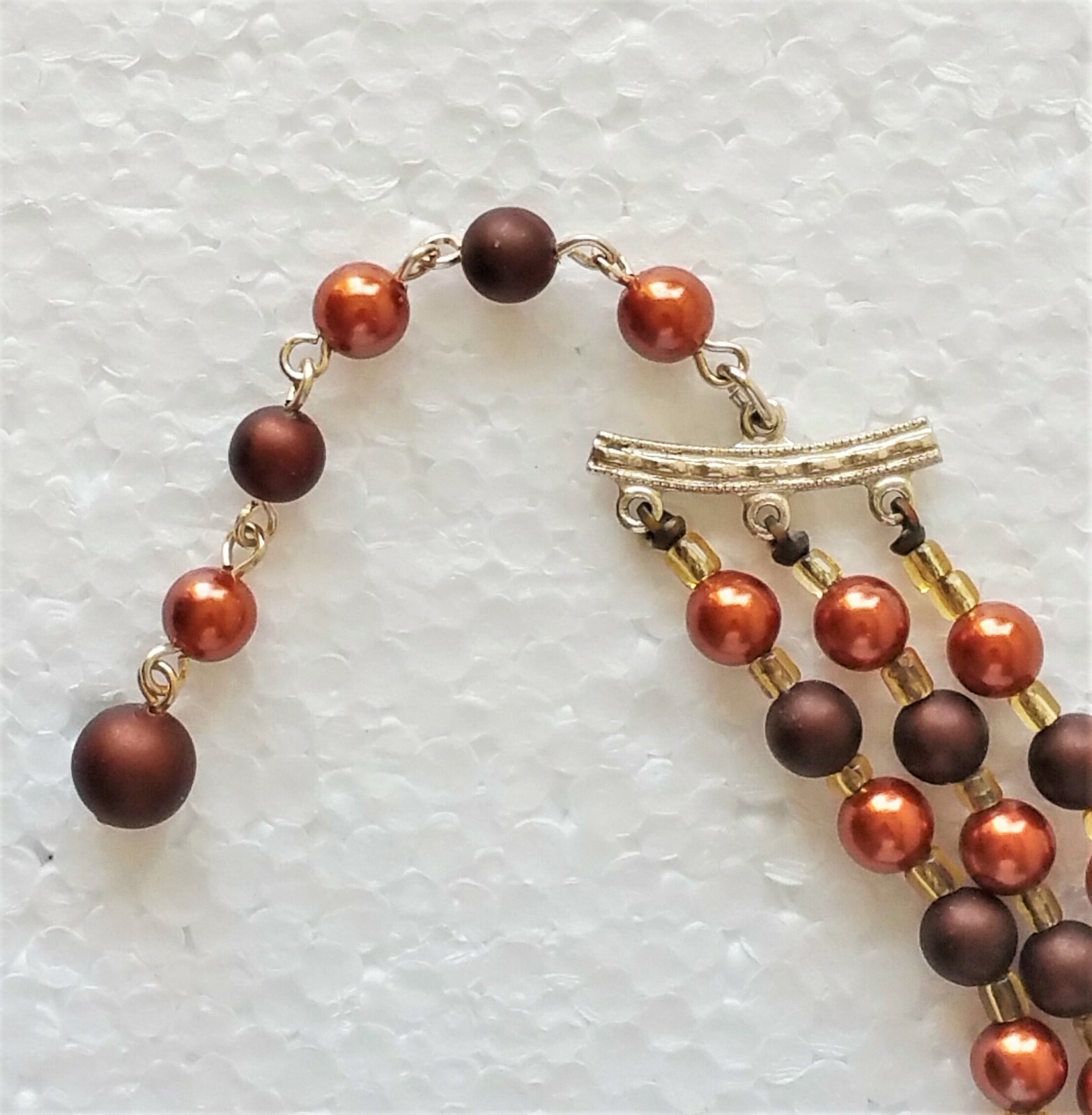 Vintage Womens Necklace Bronze Copper Gold Tone Beads Art Deco 3 Strands