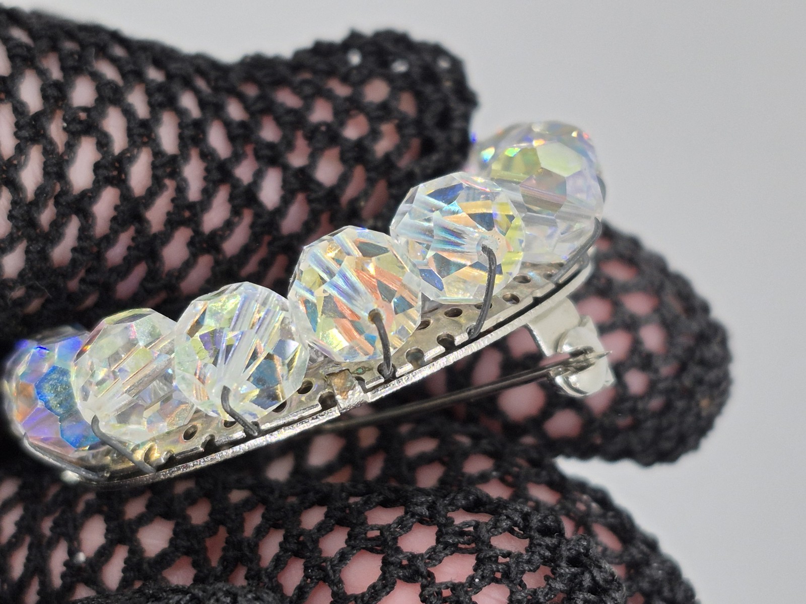 Sparkling Vintage Brooch Aurora Borealis Oval Beaded Glass Rhinestone 1950s