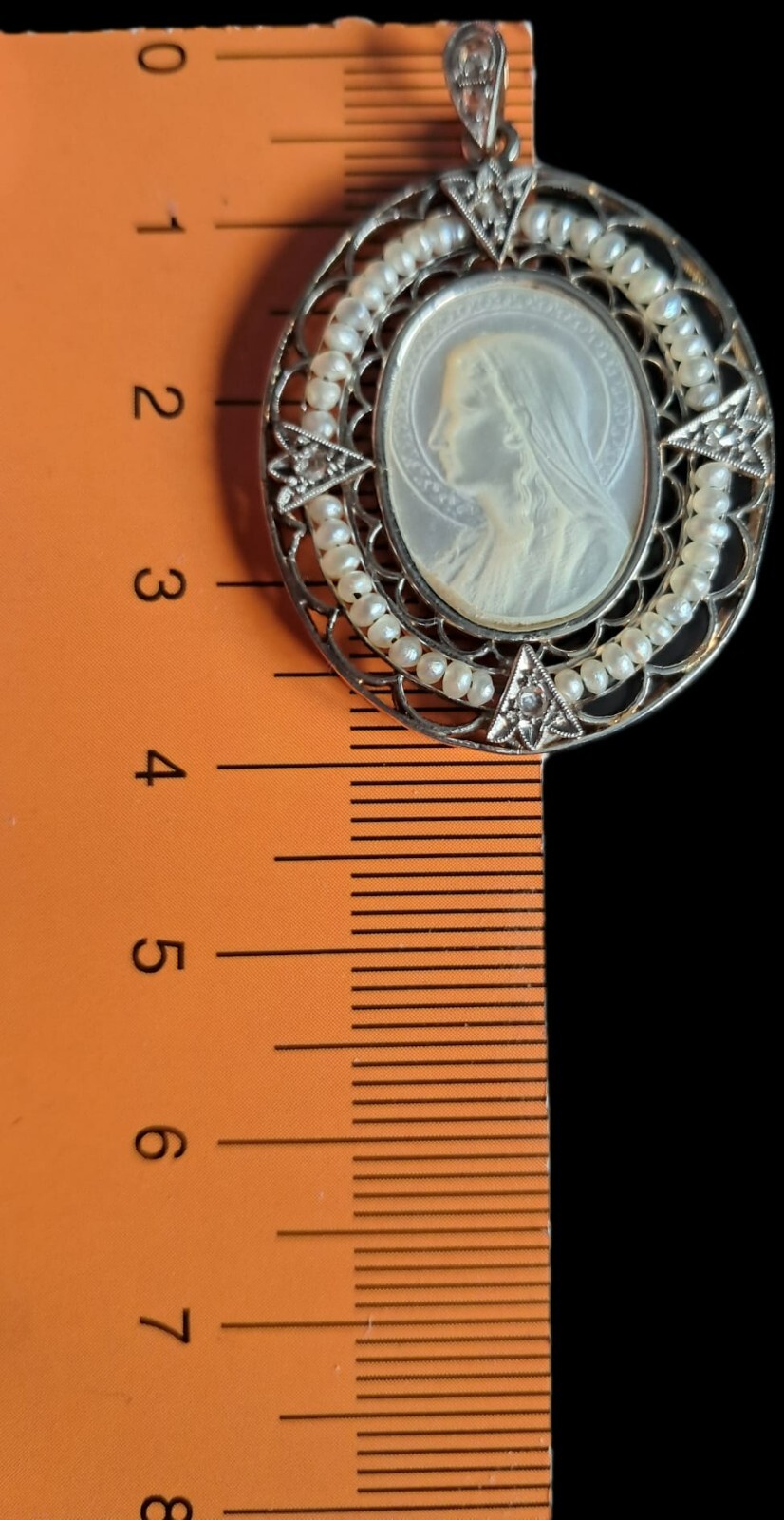 Fine Antique Art Nouveau 18K Gold Mother of Pearl Virgin Mary Pendant Ca 1900