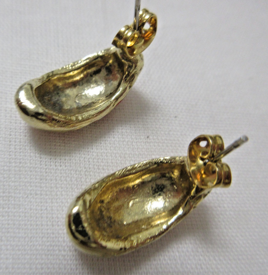 Vintage Gold Tone Red Enamel Striped Pierced Earrings