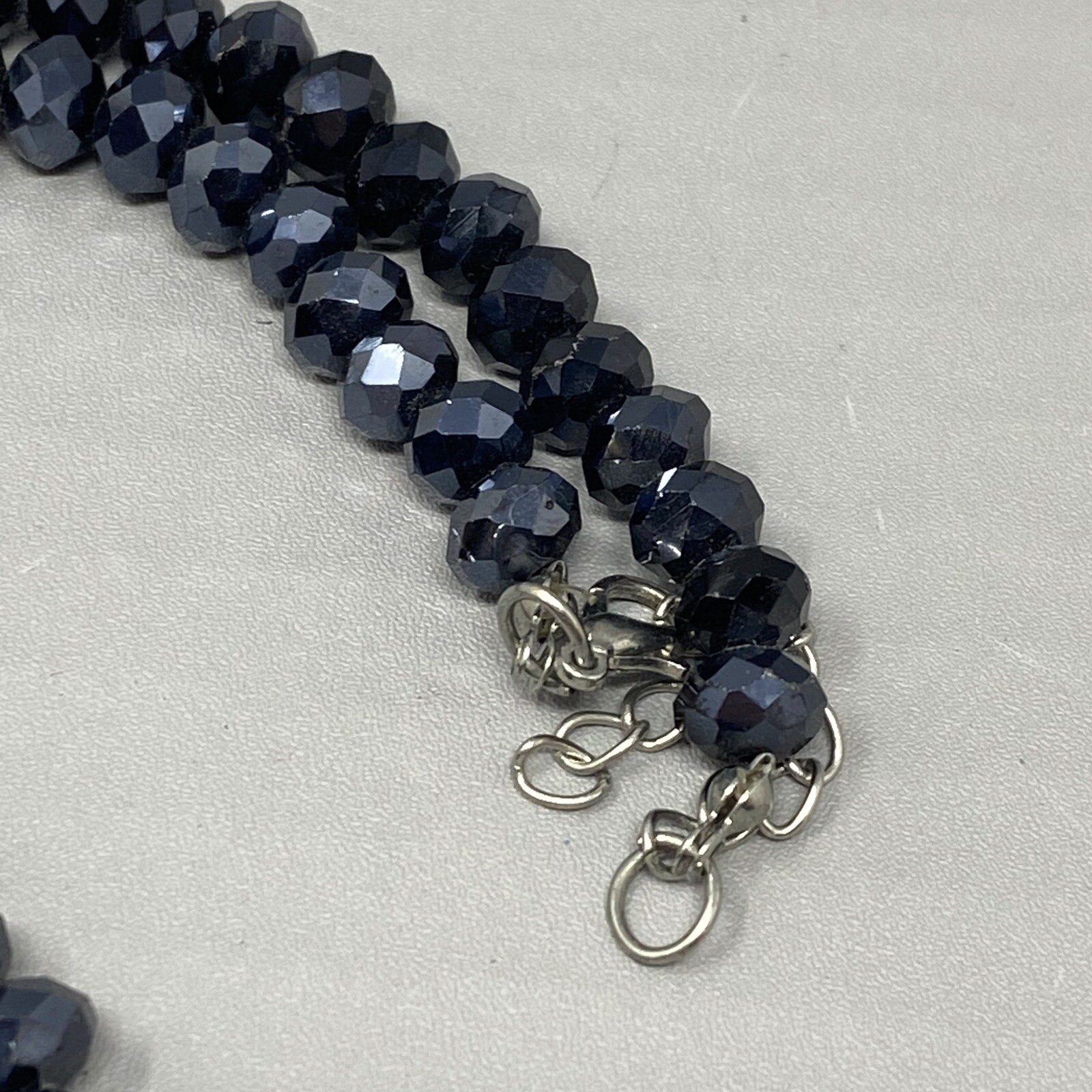 Blue Glass Bead Necklace Iridescent Round Faceted Dark Fire Polished Collar 18″