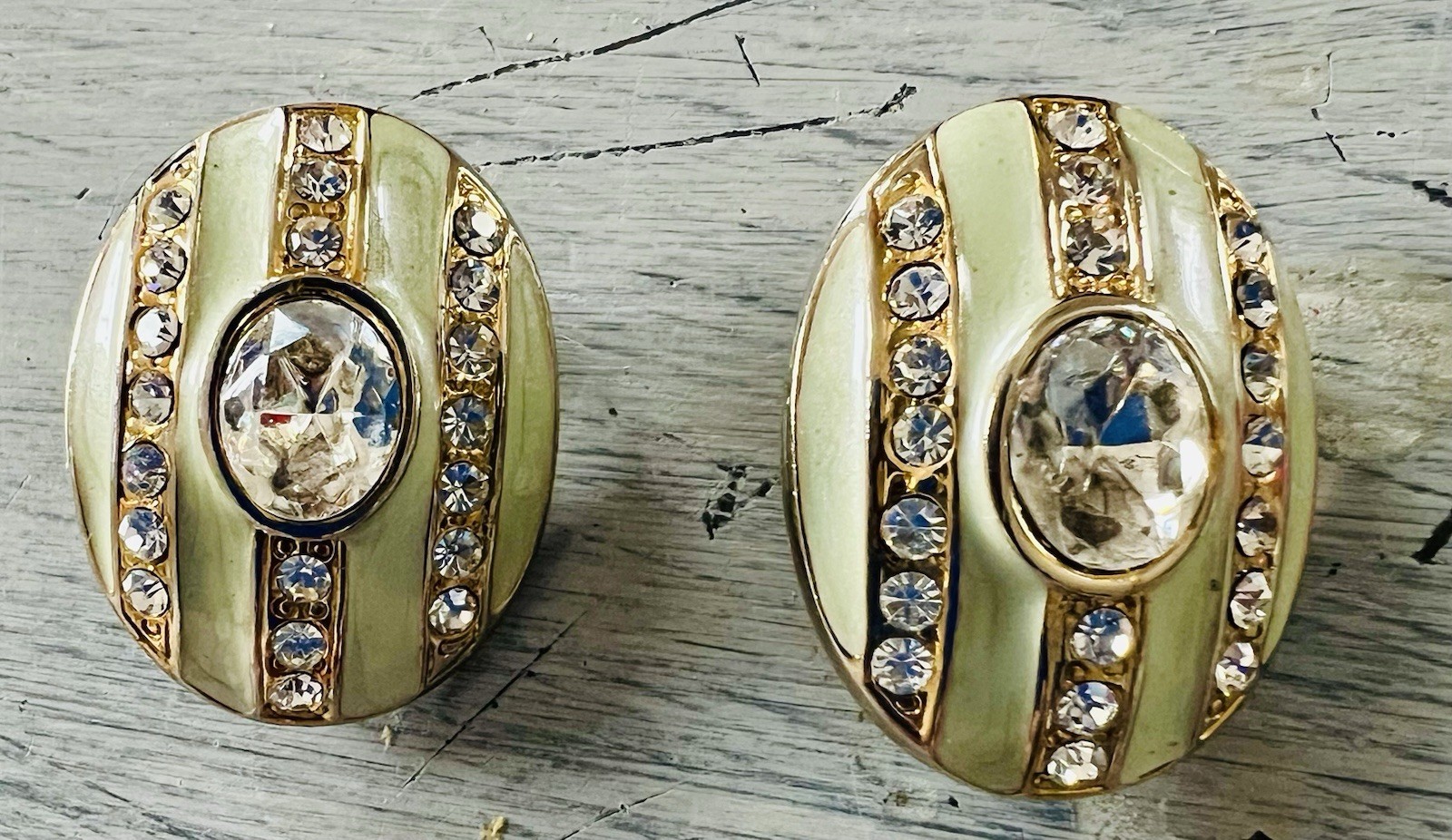Vintage 1960s Oval Clip On Earrings Lime Green Enamel, Gold & Rhinestone