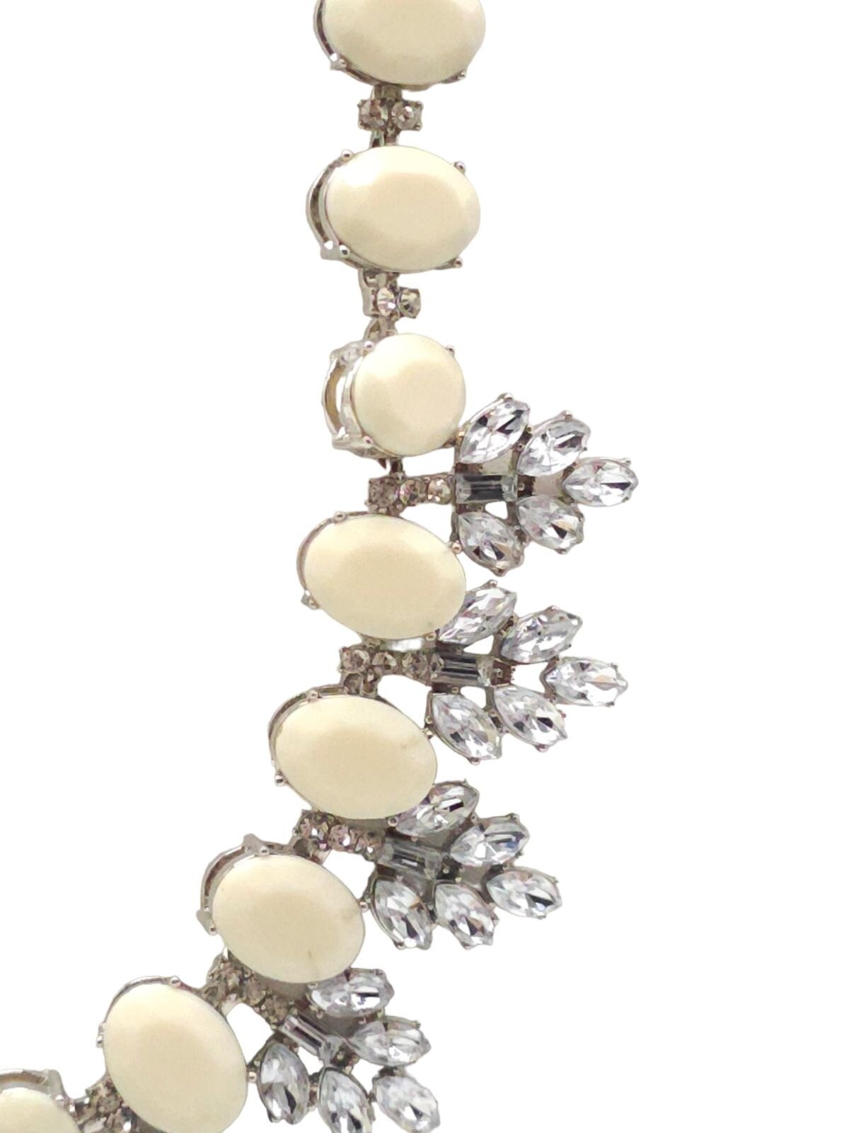 Cream Acrylic Marquise Crystal Statement Necklace Silver Tone Vintage