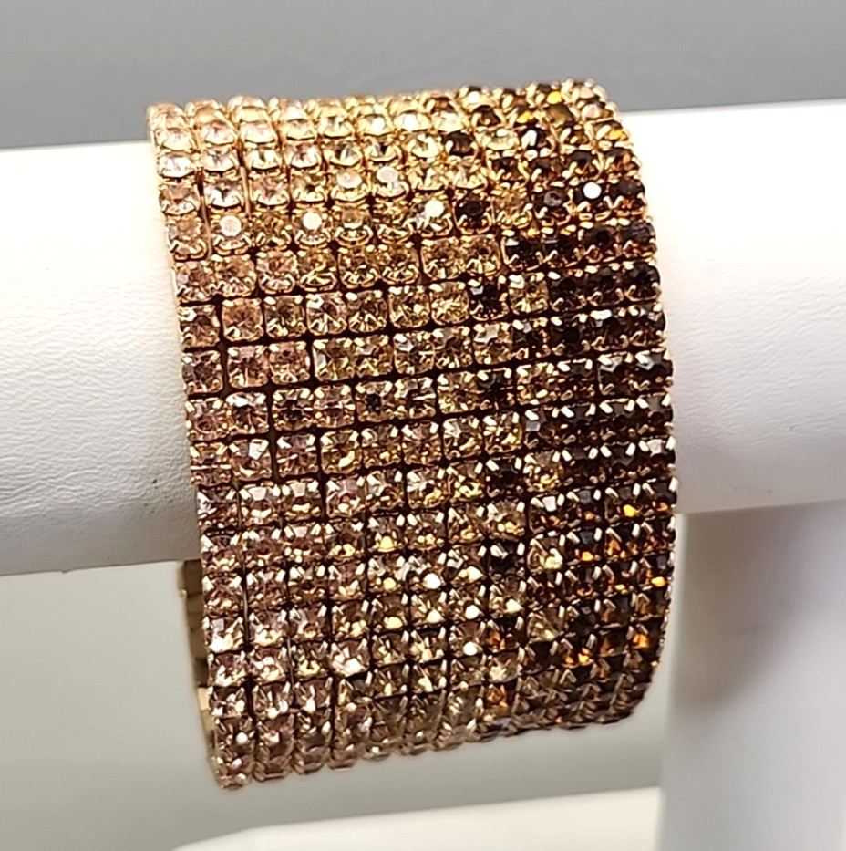 Wide Rhinestone Stretch Bracelet Ambre Peach to Brown 6.75″