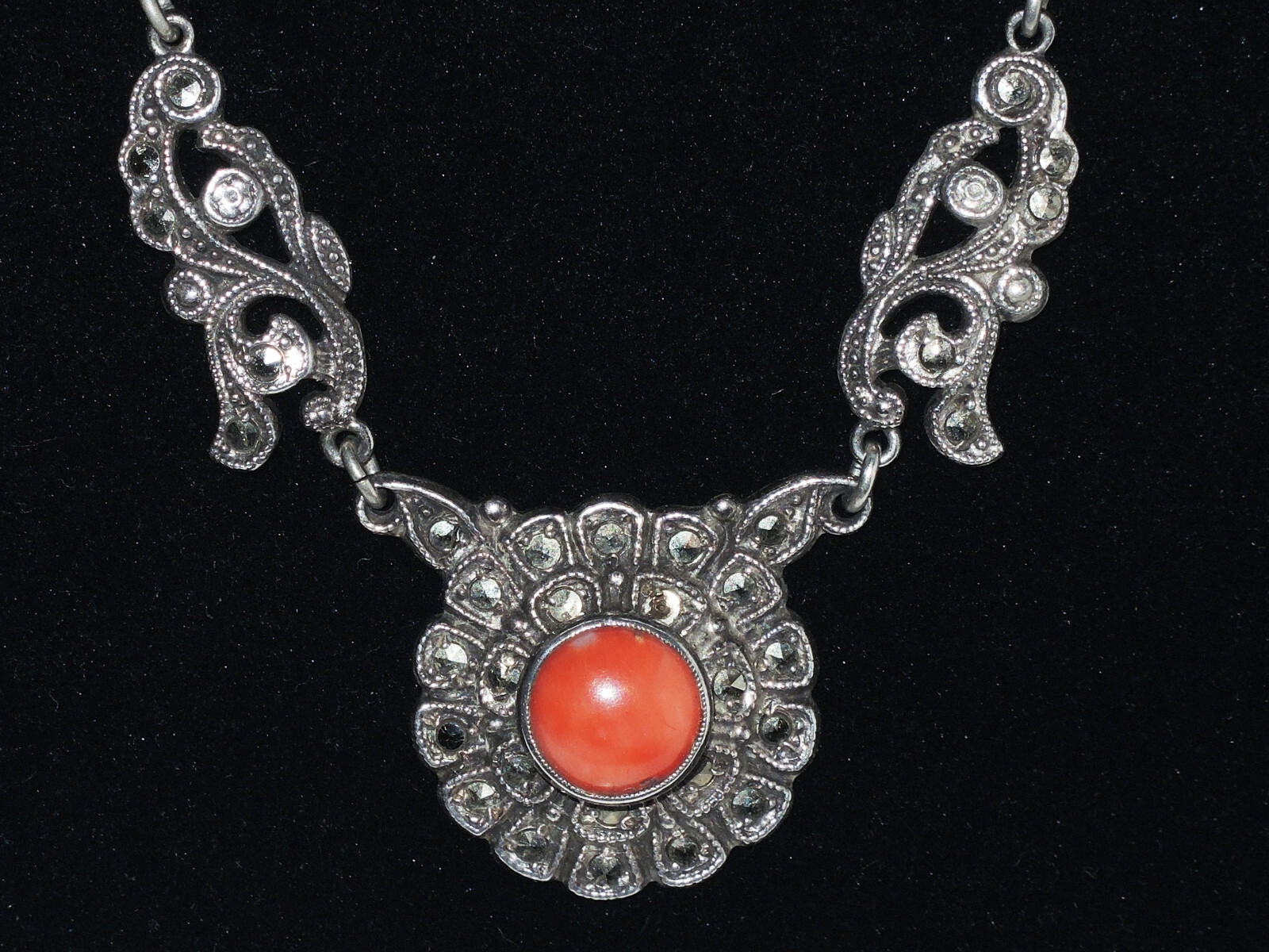 Art Deco Set Sterling Silver Germany Pendant & Earrings with Coral & Marcasites