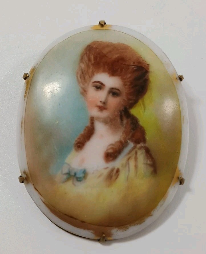 Antique Victorian Hand Painted Portrait Brooch Porcelain Brass C Clasp 2″