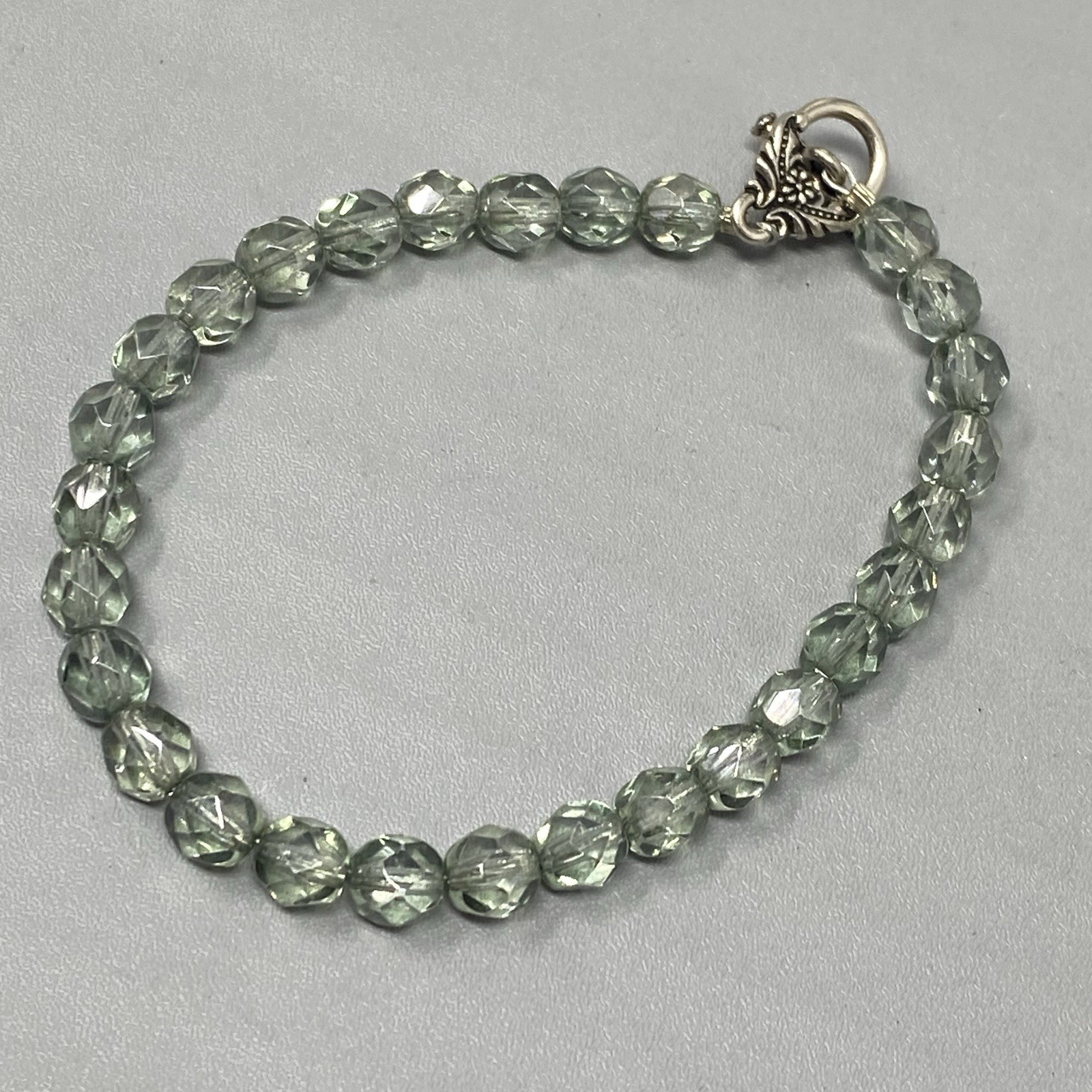 Green Hue Glass Beaded Bracelet Soft Facet Surface Coated Fire Polished 6.75″
