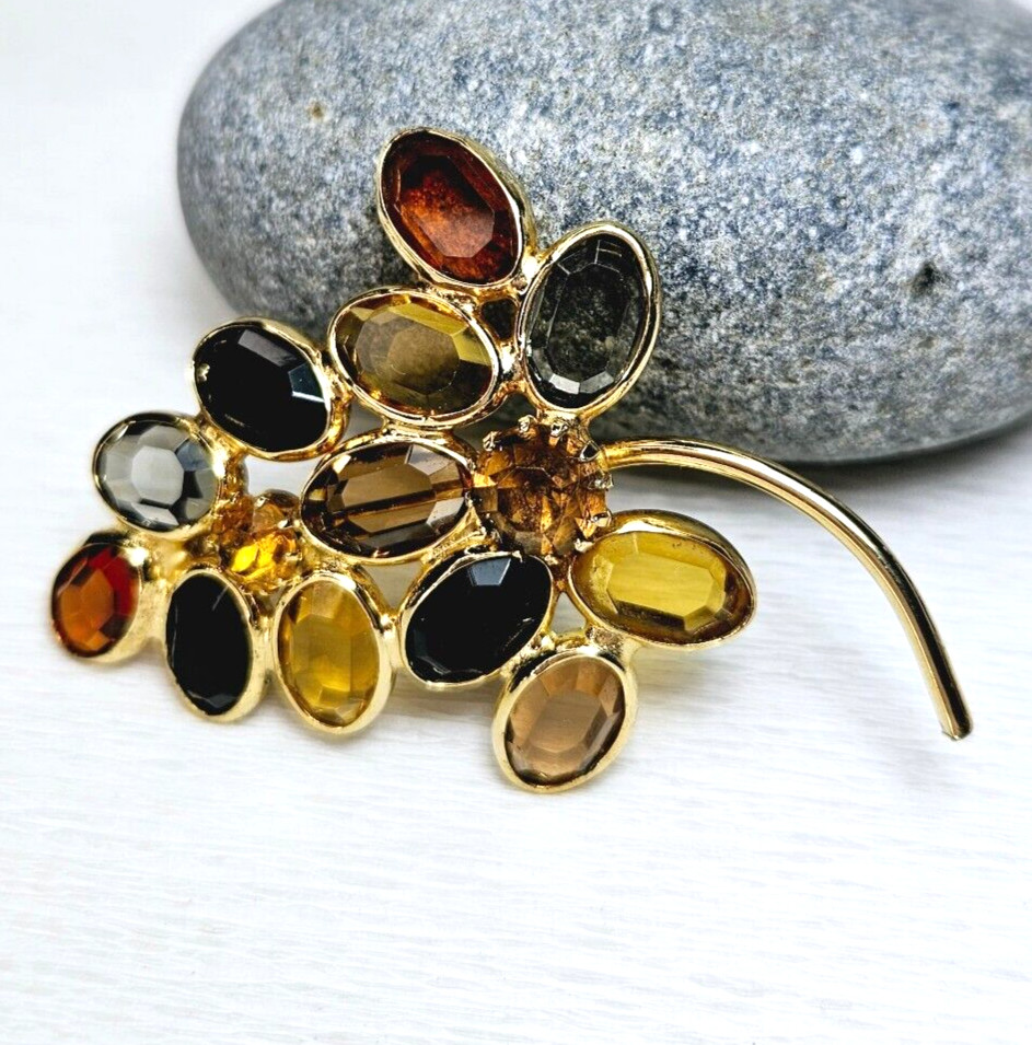 Vintage Fall Brown Colors Leaf Branch Shaped Open Back Stones Brooch