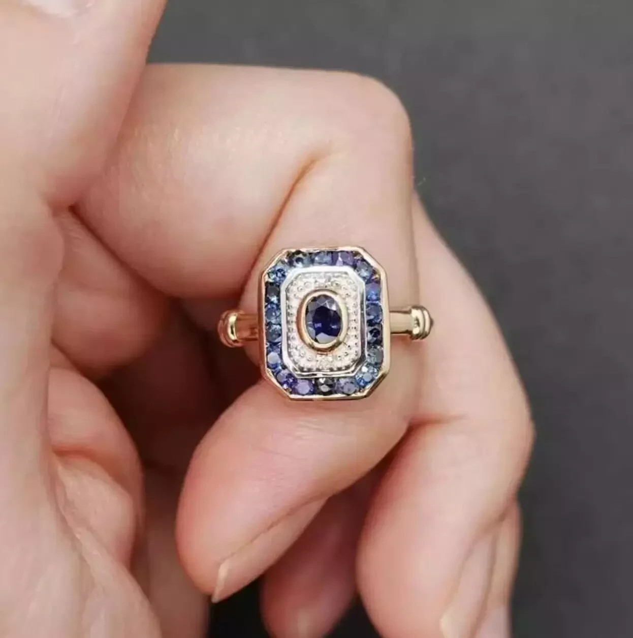 Vintage Art Deco Style Sapphire Lab Created Diamond 14k Yellow Gold Finish Ring