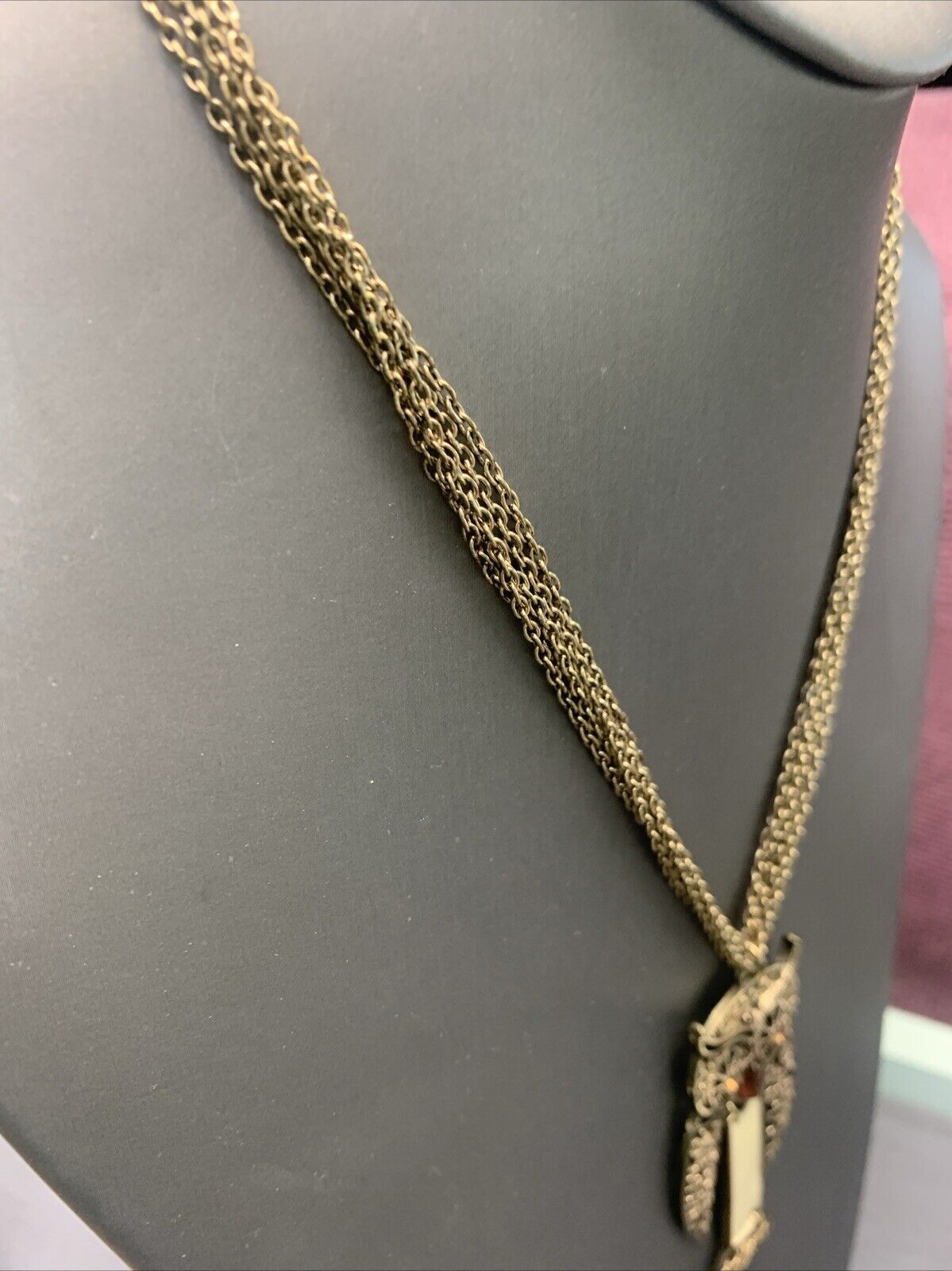 Vintage Boho Articulated, Owl, Gold, Multi Strand Pendant Necklace 18”