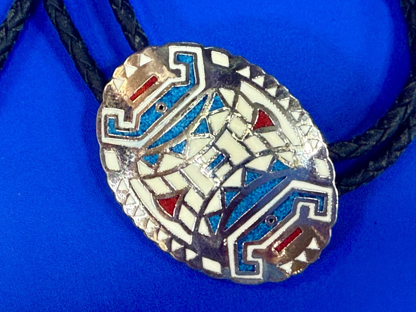 Southwestern Tribal Art Turquoise Coral Chip Inlay Vintage Bolo Tie