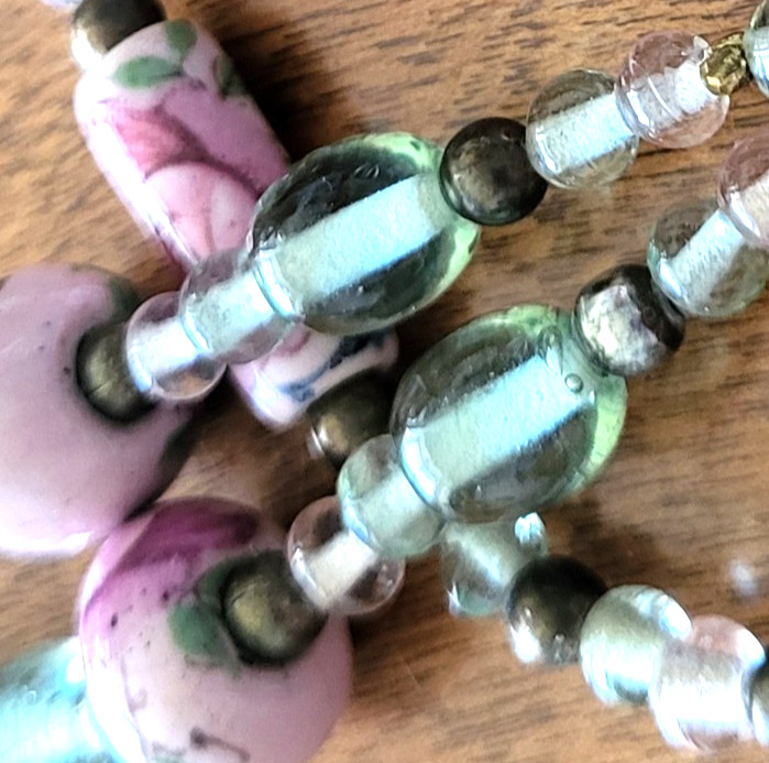 Vintage Cottagecore Sea Green Glass, Brass and Pink Porcelain Rose Bead Necklace