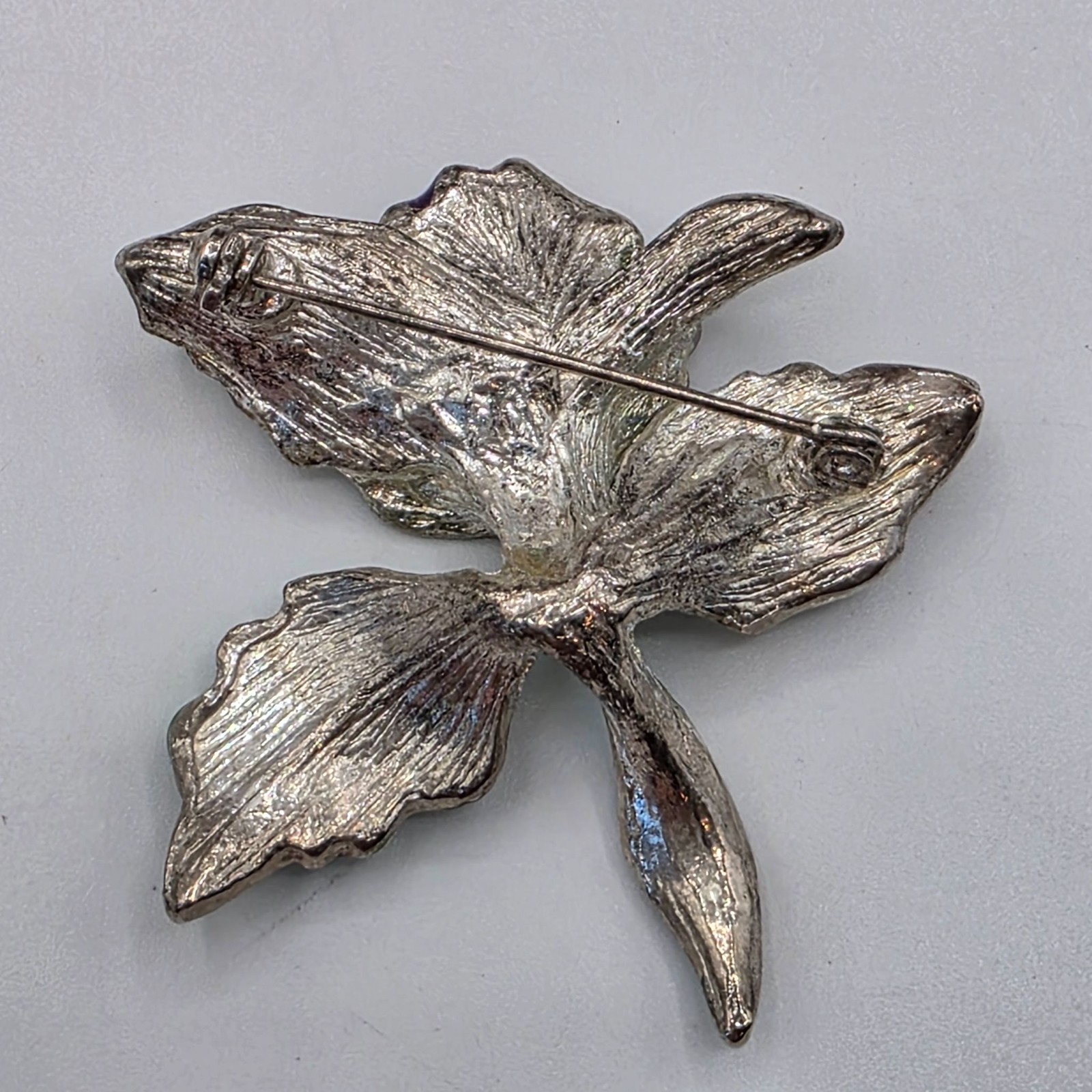 Vintage Enamel Orchid Brooch Silver Tone Floral Pin Purple Green Rhinestone