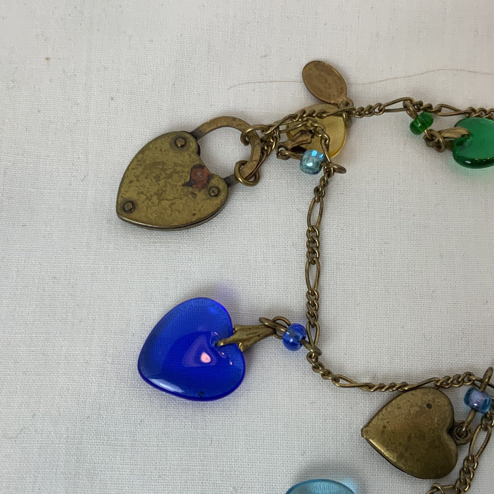VTG Glass Works Studio G.W.S Signed Multi Color Glass Hearts Charm Long Necklace