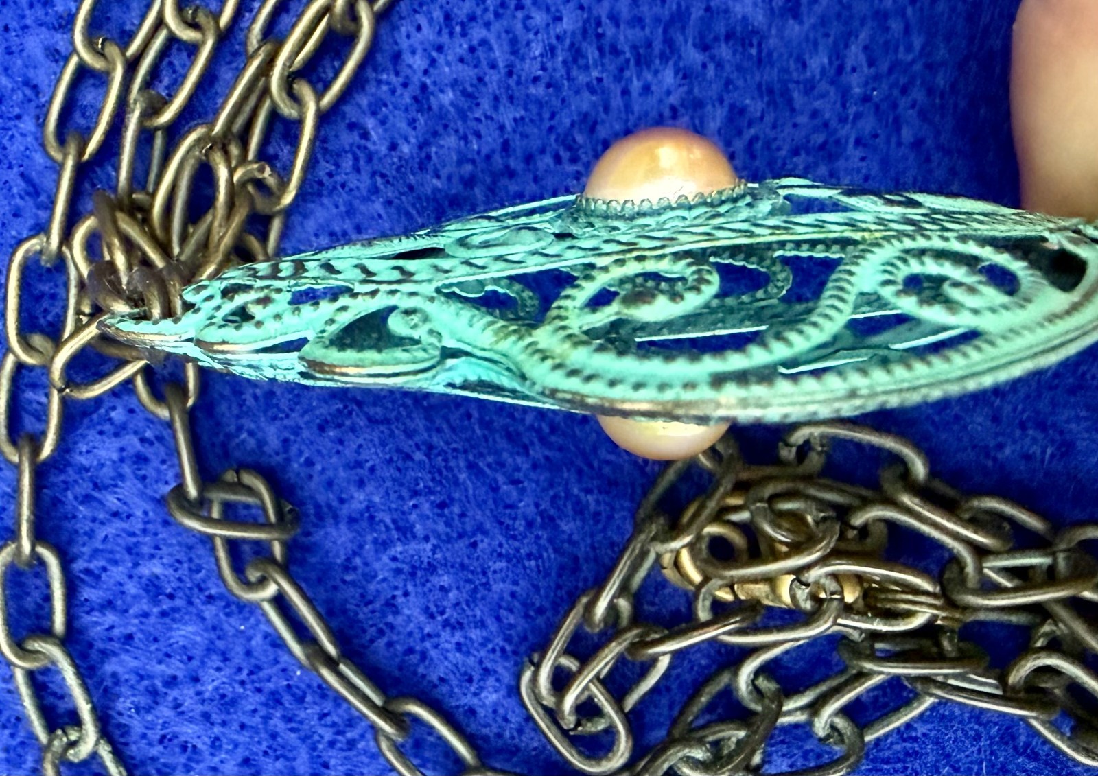 Vintage Patina Metal Filigree Medallion Tassel Necklace Art Nouveau 28″
