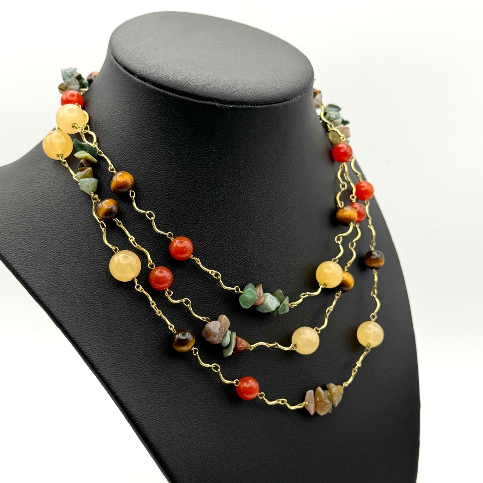 Vtg 44″ Jade, Nephrite & Tiger Eye Natural Stone Necklace 14K GP (YAK-35-2)