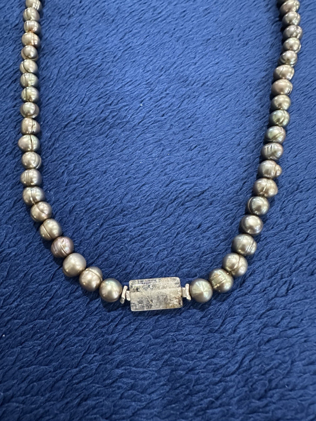 Vtg Sterling Silver Grey Pearl Strand Crystal Quartz Necklace, 16.5in Long