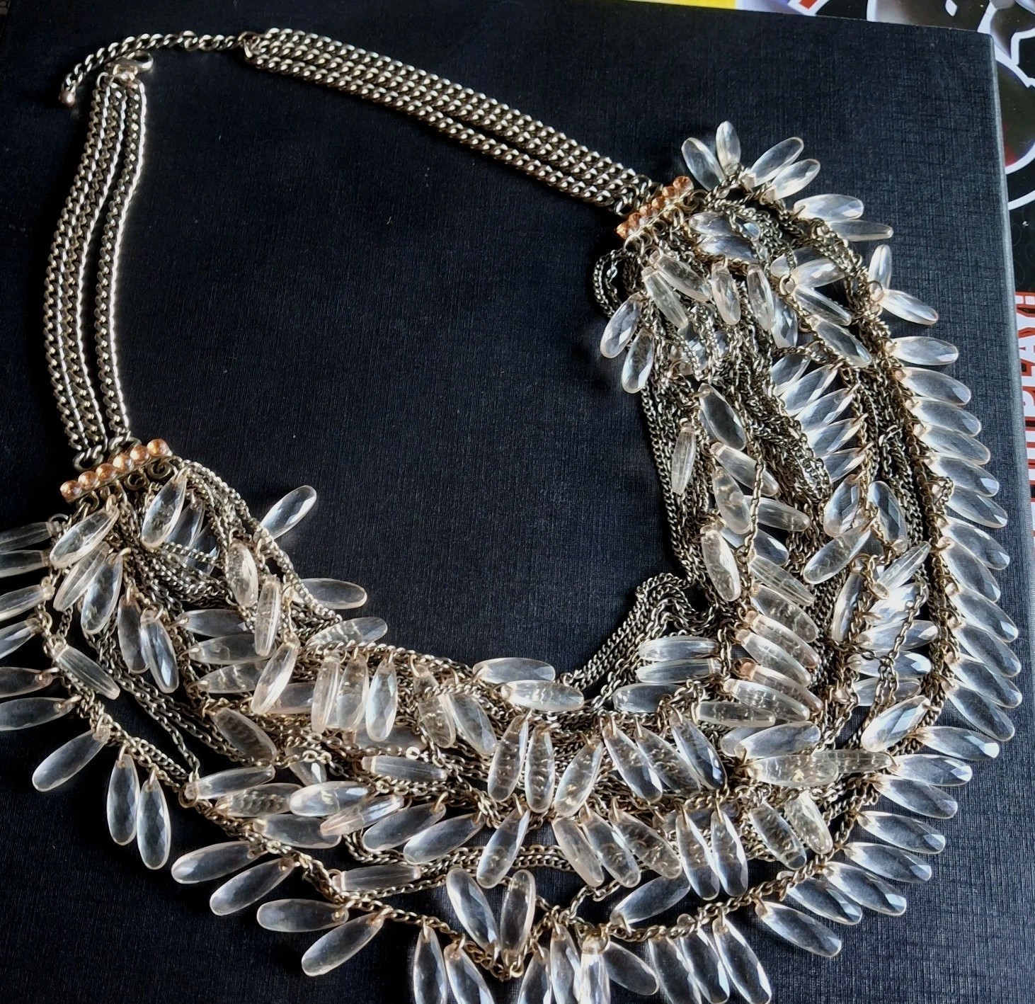 VTG Statement Bib Necklace Multi-Strand Fringe Featuring Clear Lucite Teardrops