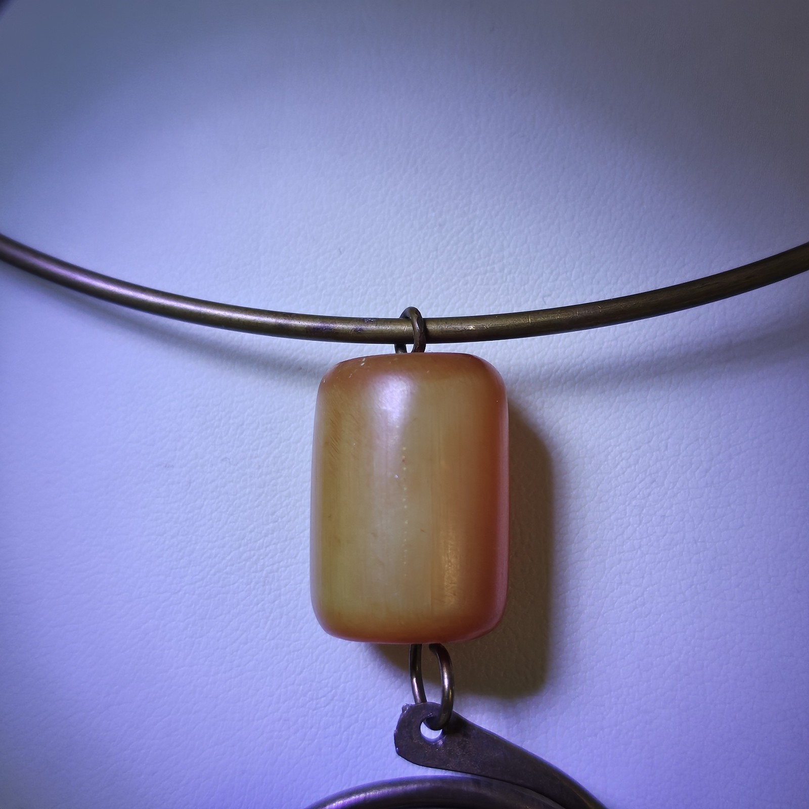 African Amber Brass Spiral Pendant Necklace Butterscotch Phenolic Resin Tribal