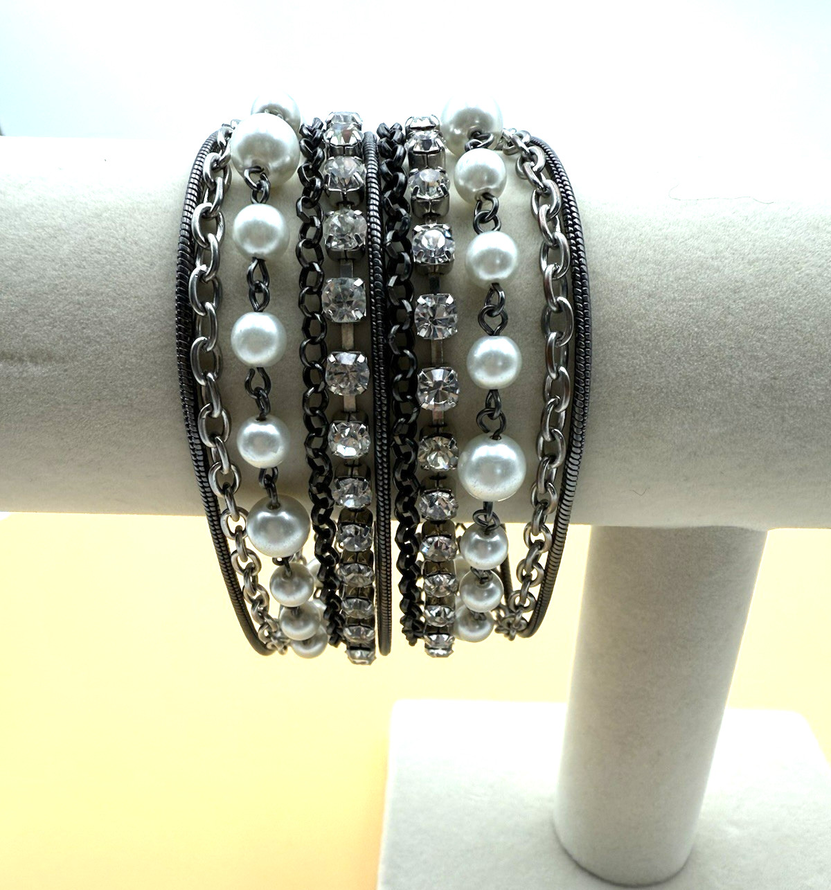 NY Bracelet Multiple Strand Faux Pearl Rhinestones Chains Brutalist Jewelry