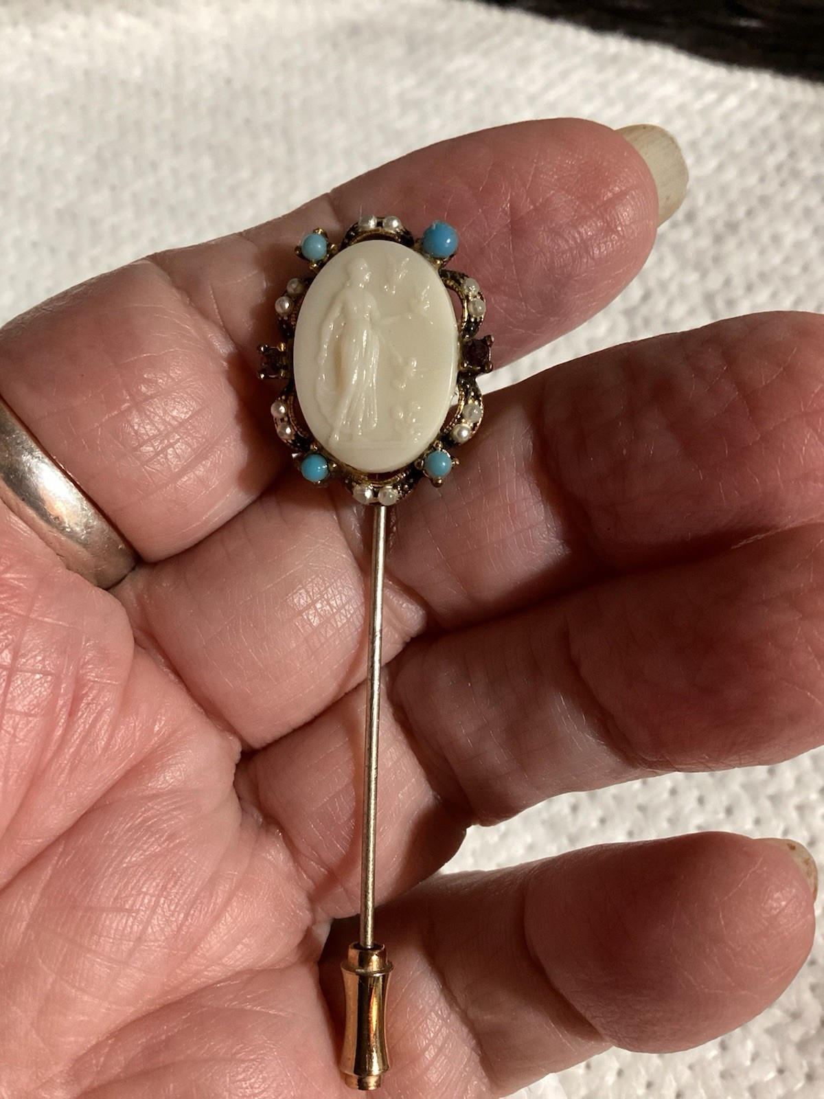 Vtg. Milk Glass Cameo Stick Pin Blue Purple Stones And Faux Pearls