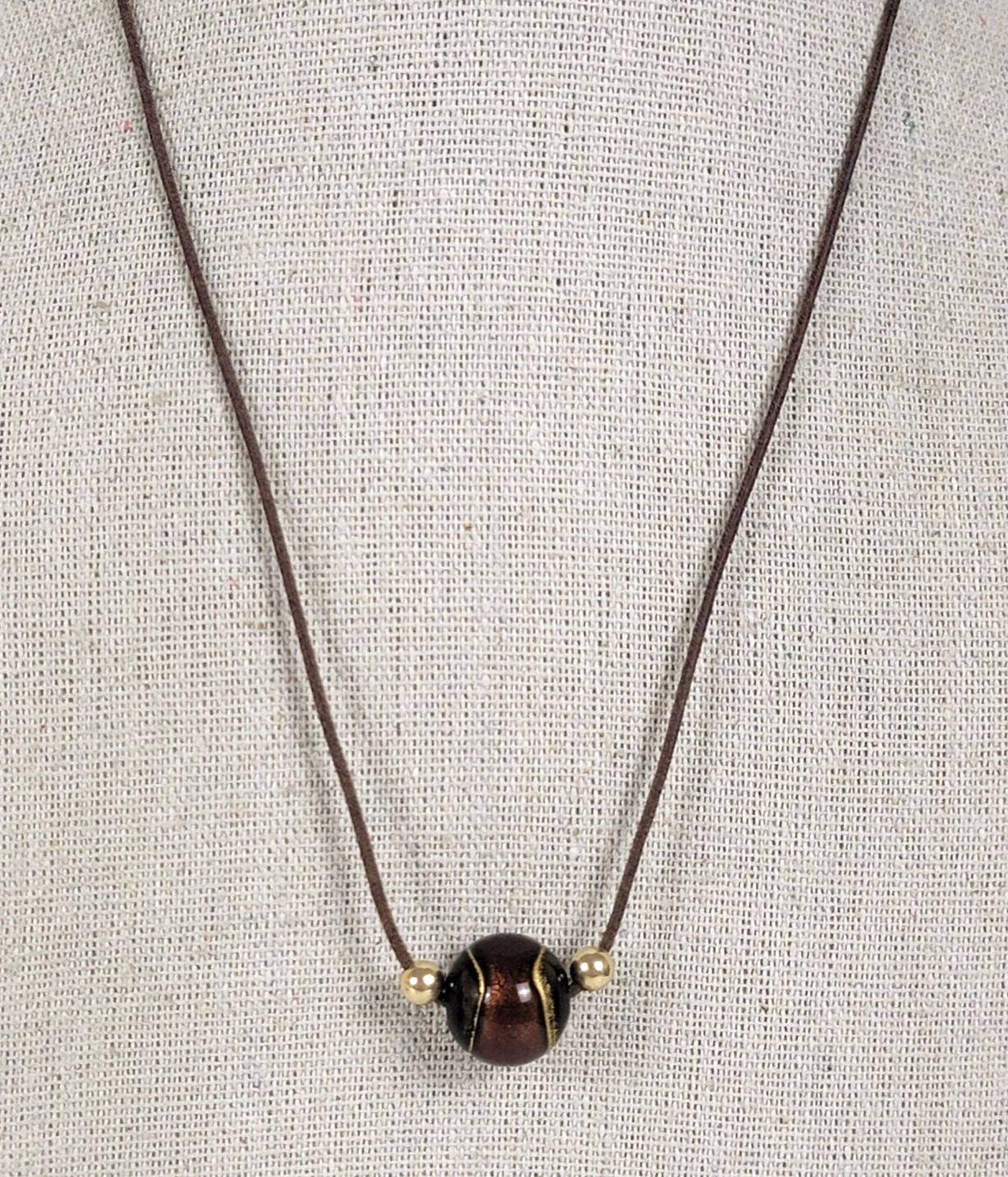 Vintage 14K Gold Millefiori Bead Charm Leather Cord Necklace 17.5 in Spring Ring