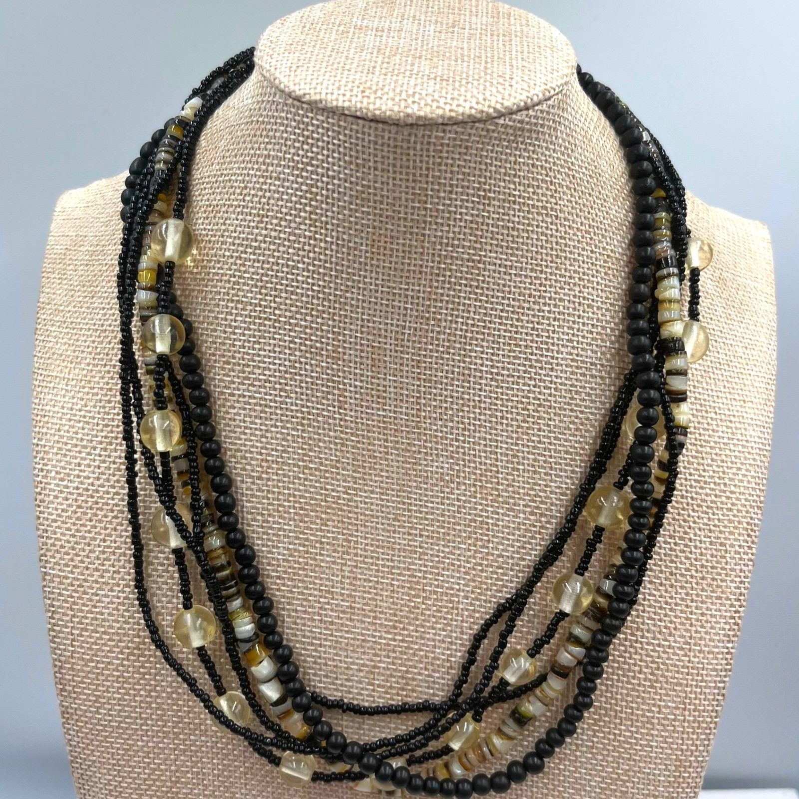 VTG Multi Strand Black Beaded Necklace Layered Shell Glass Mixed Media Statement