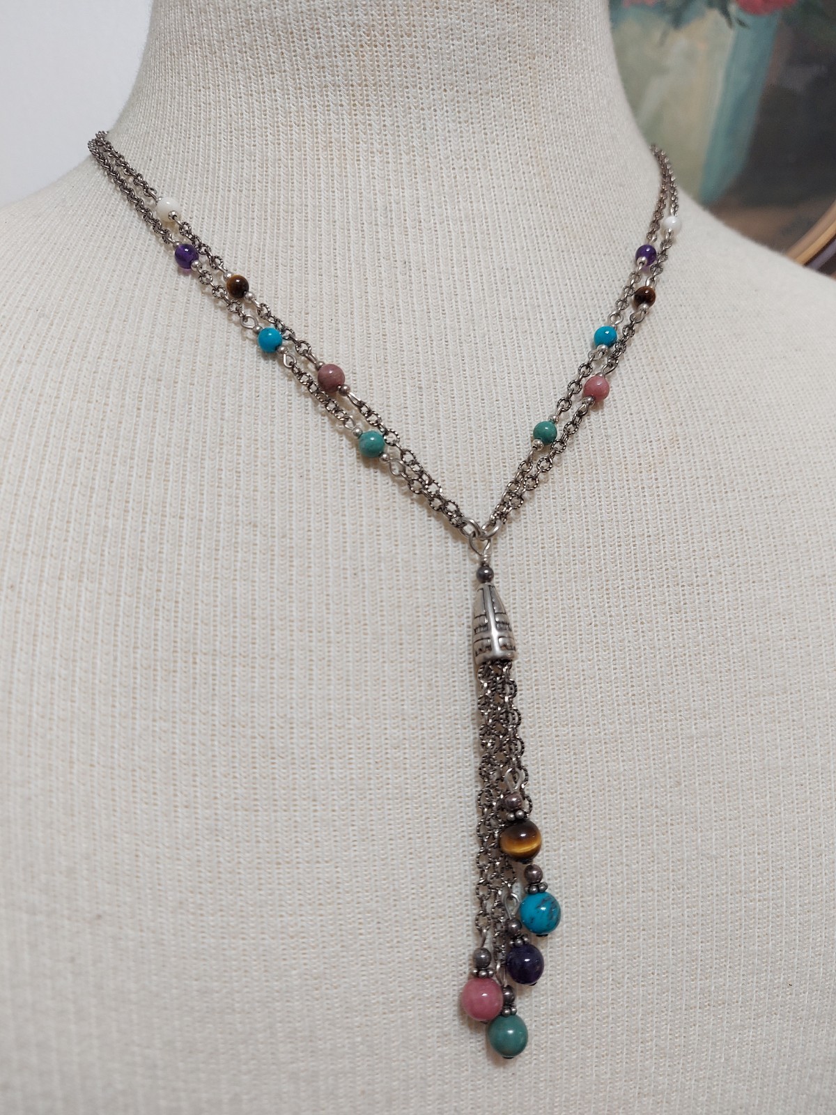 Vintage Q.T. Italy 925 Silver Multi Gemstone Tassel Necklace 47cm 16g