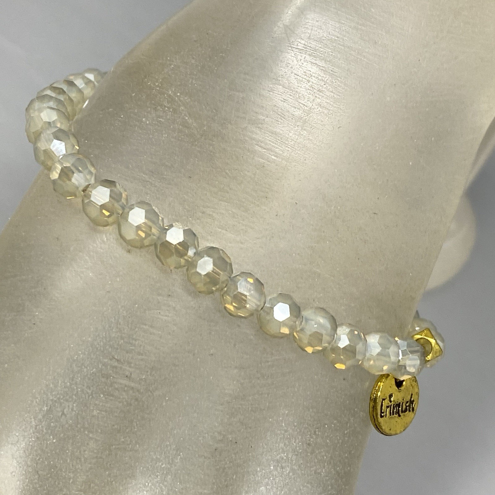 Erimish Glass Beaded Bracelet Pearl Color Faceted Fire Polished Stretch 6.5″