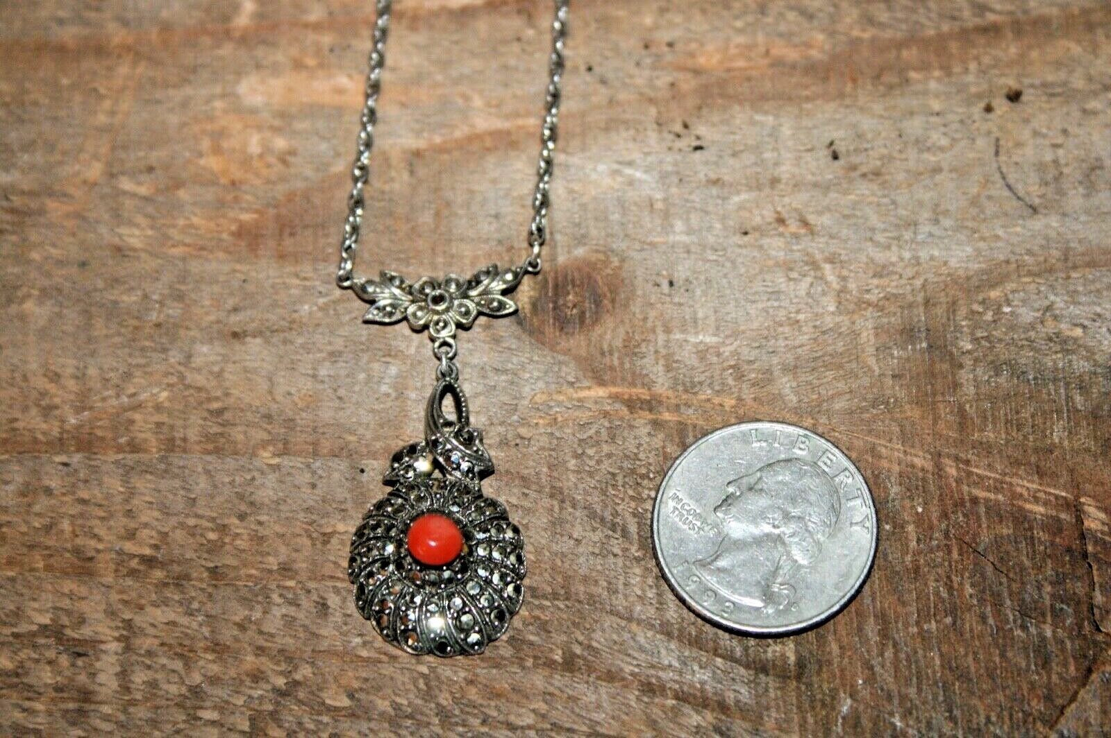 Vintage / Antique Art Deco Sterling Silver Coral & Marcasite Necklace 16″