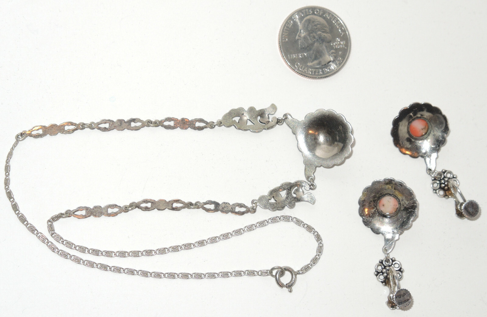 Art Deco Set Sterling Silver Germany Pendant & Earrings with Coral & Marcasites
