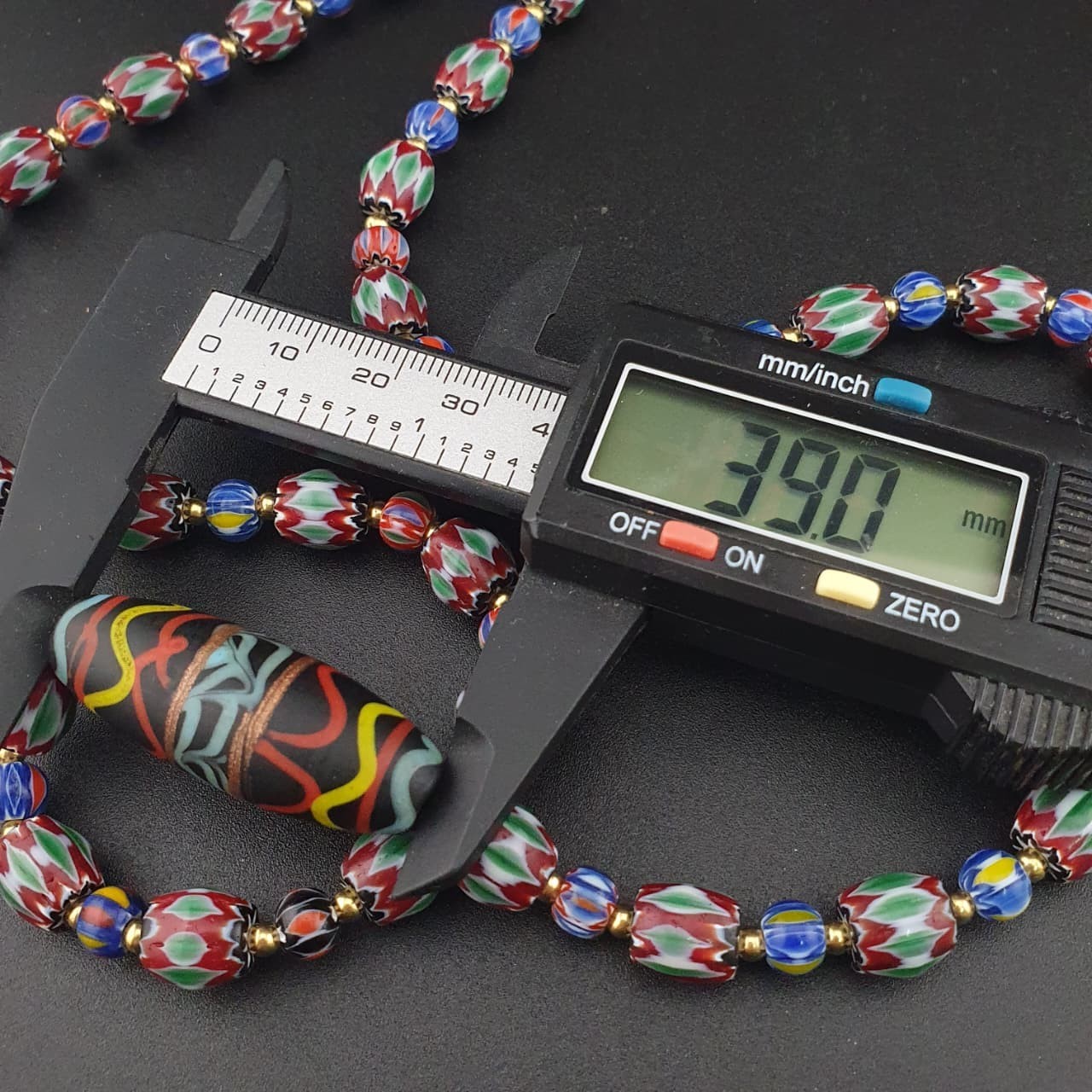 Vintage Venetian Style Multicolor Chevron Glass Beaded Necklace | 24in 8.7–39mm