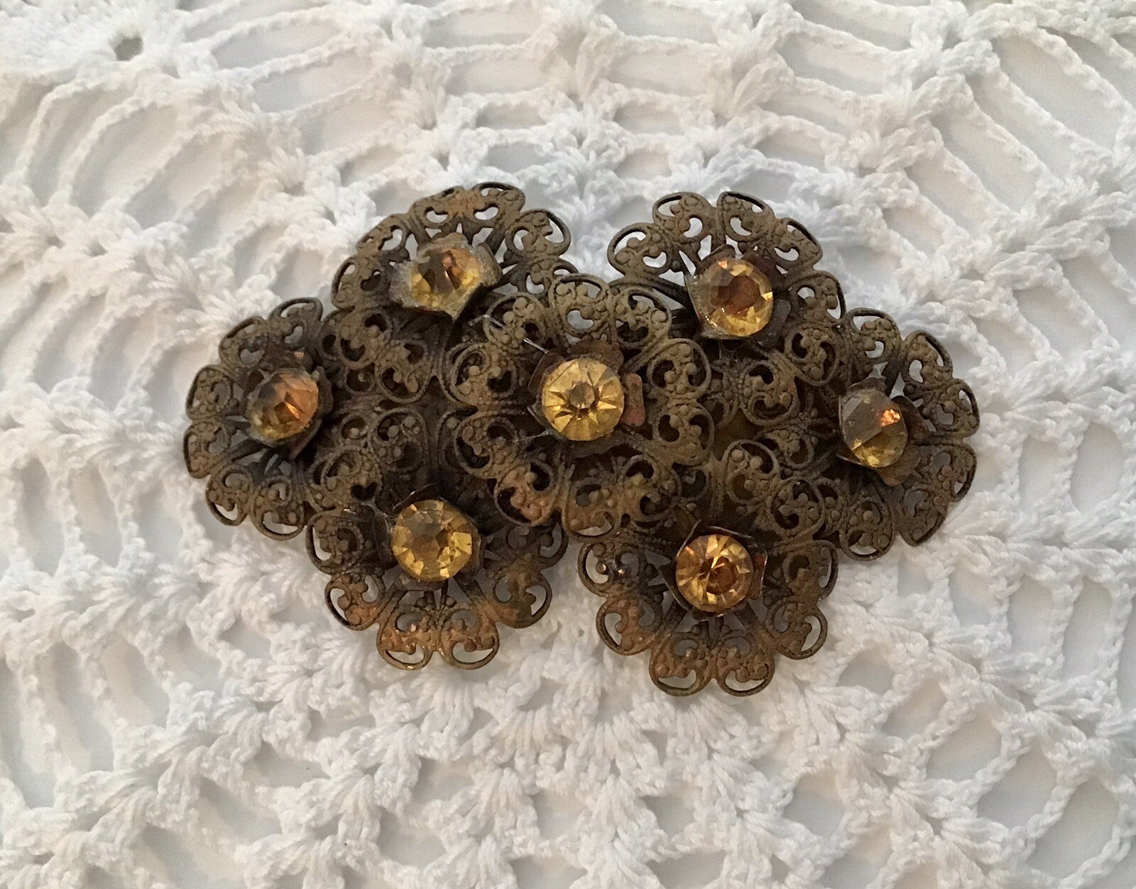 Antique Fillagree Gold Colored Metal Brooch 2 Amber Rhinestones 1/2” X 1 1/2”