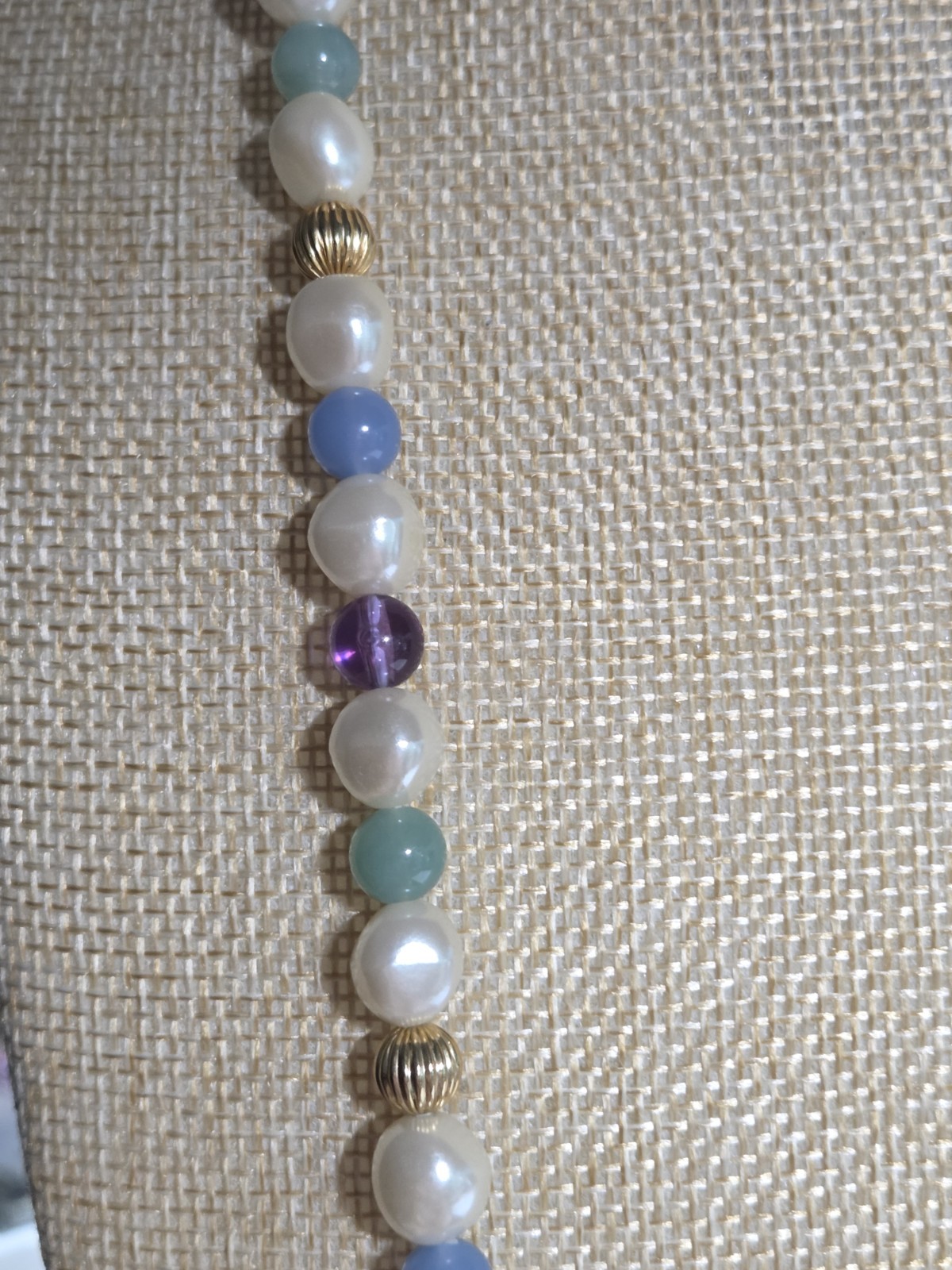 34″ Opera Faux Pearl Blue Green Purple Bead Gold Tone Necklace Barrel Clasp