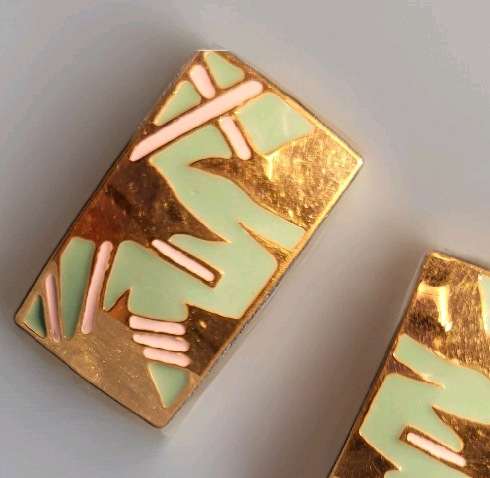 Vintage L Bott Modernist Art Deco Gold Toned Geometric post earrings Teal