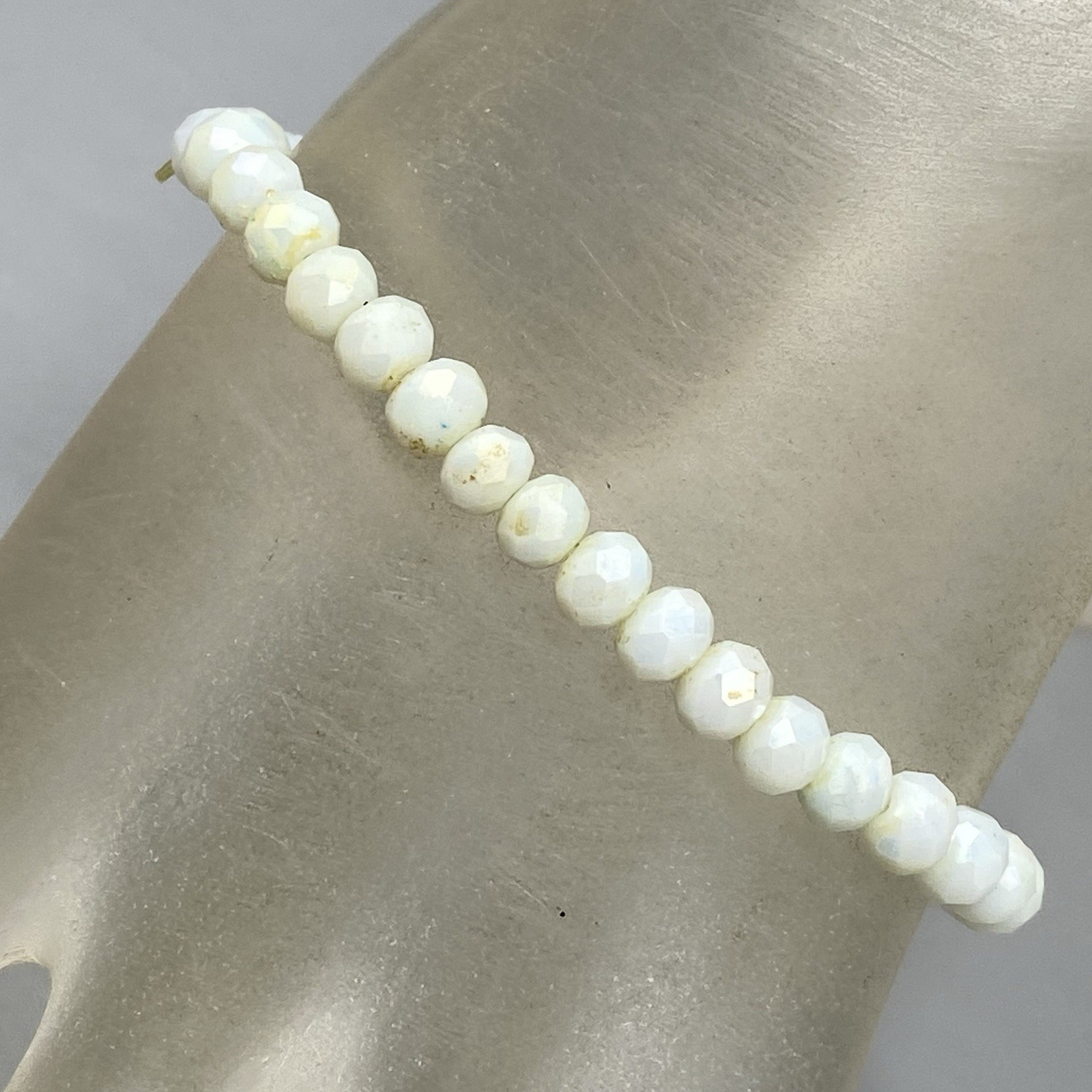 White Glass Bead Bracelet Stretch Faceted Fire Polished Surface Coated 7″