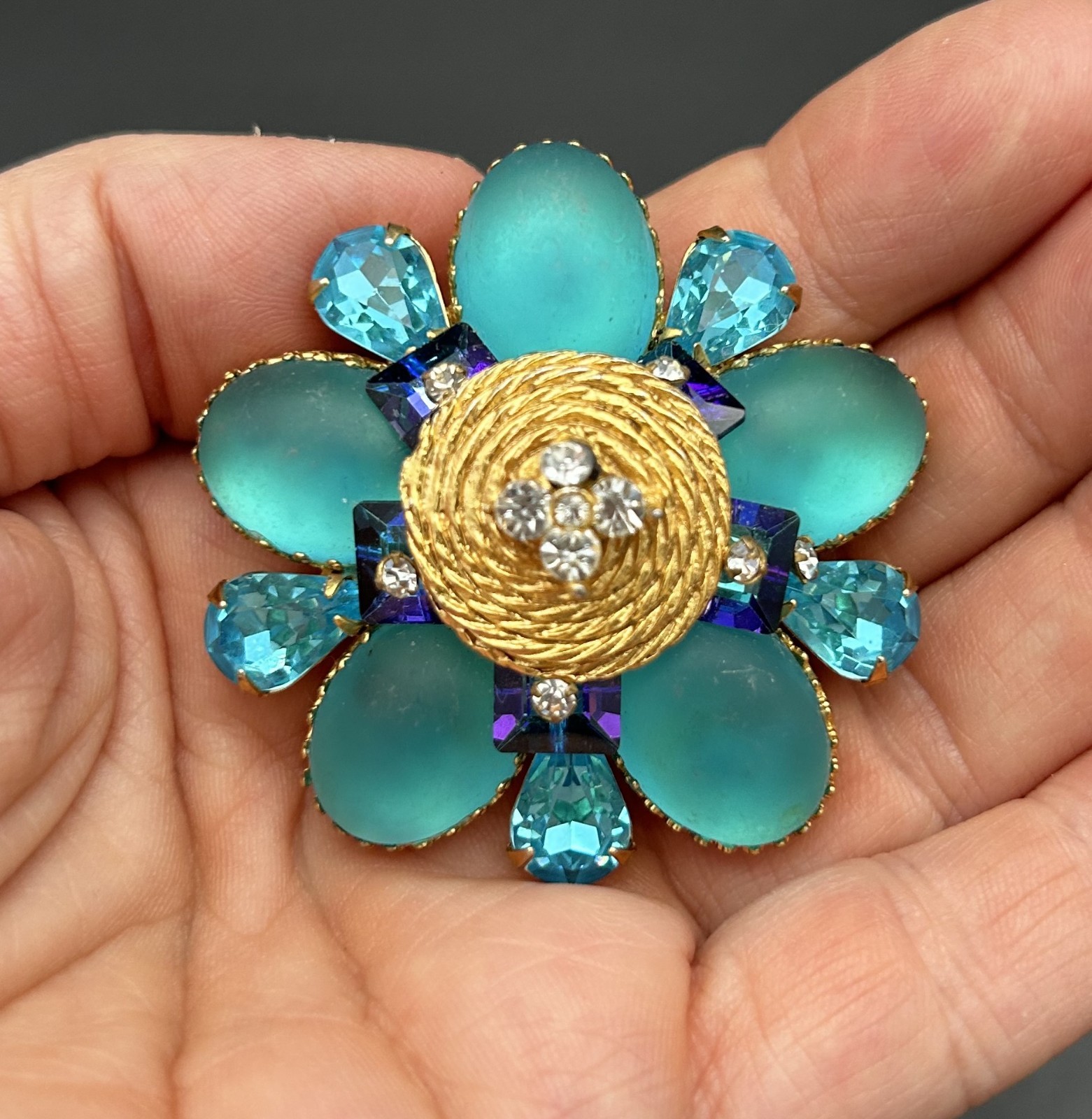 Vintage Signed HATTIE CARNEGIE Frosted Glass Flower Brooch | 1960s “Book Piece”