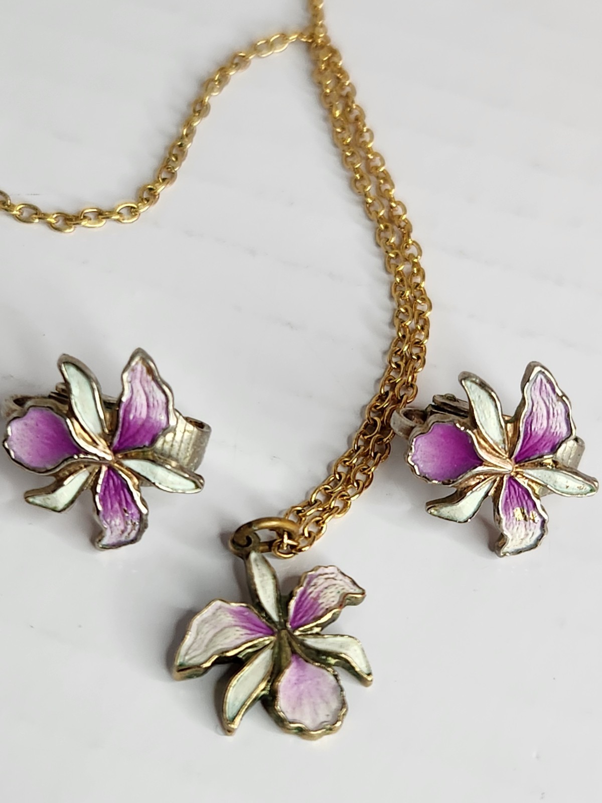 Vintage Orchid Flower Enamel Necklace & Clip-On Earrings Set Purple Gold Tone